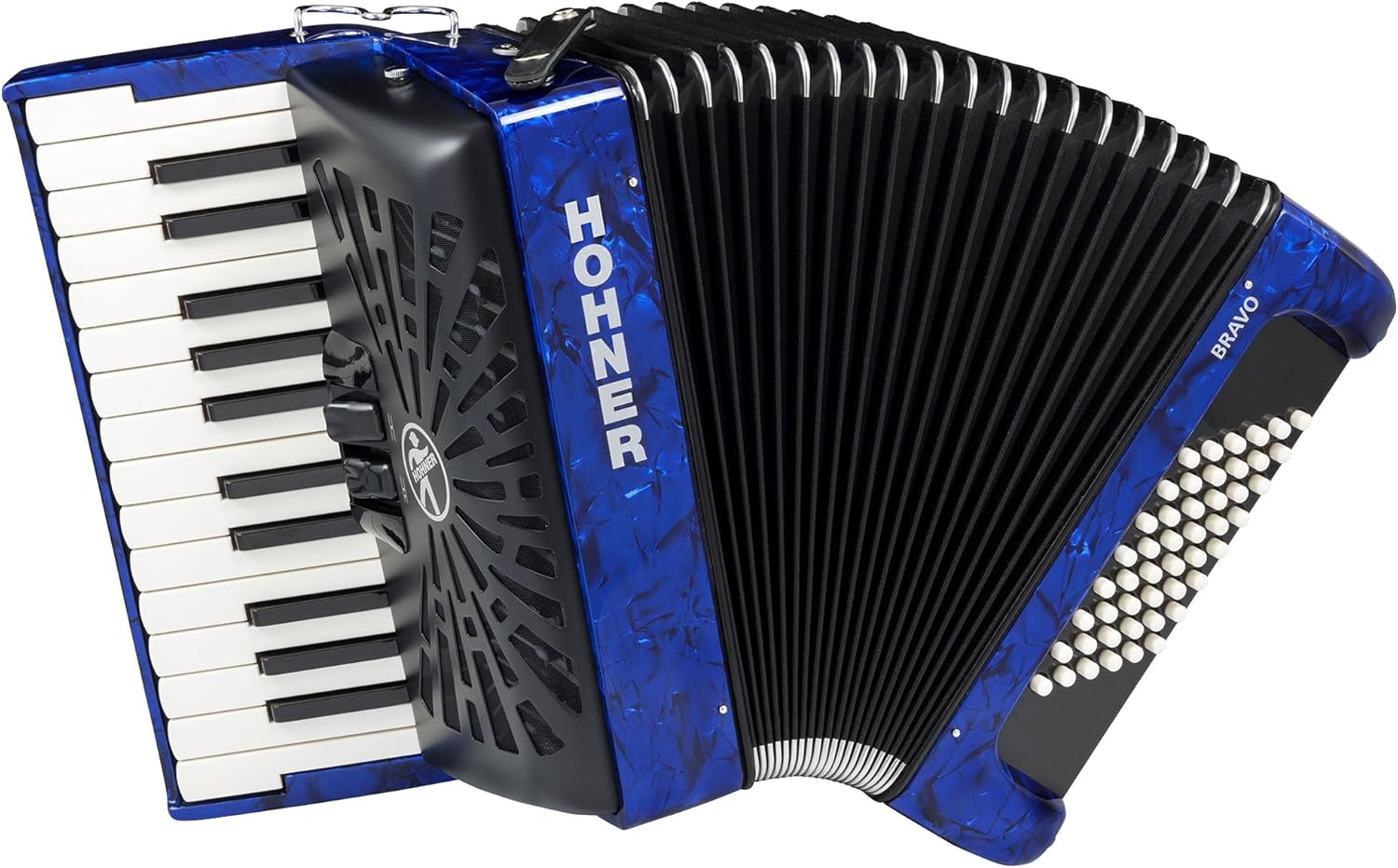 Hohner Bravo II 48 Chromatic Piano Key Accordion - Blue Bundle with Gig Bag, Adjustable Straps, and Austin Bazaar Polishing Cloth