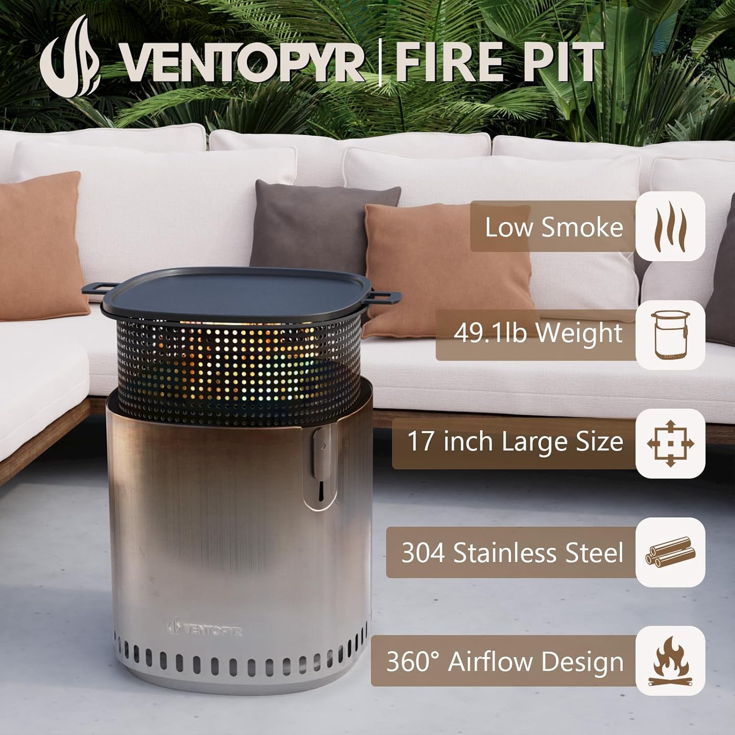 Smokeless Fire Pit, Stainless Steel Stove with Adjustable Firepower, Removable Ash Pan, Portable Camping Fire Table Wood Burning with Grill Grid and Grate for BBQ, Travel
