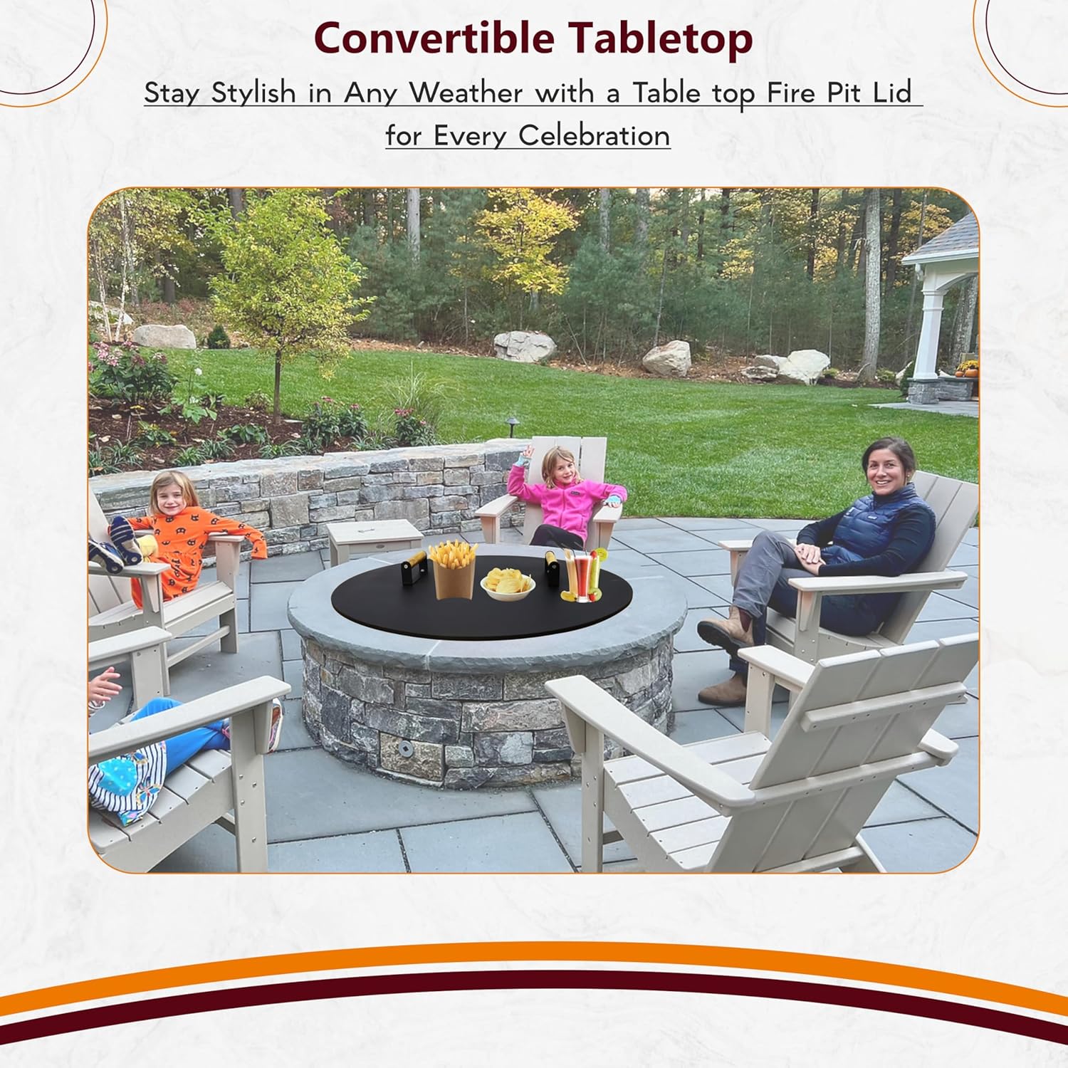 Round Fire Pit Lid - 28 inch fire pit cover Metal with Wooden Handles - Fits for Bonfire Pits or Propane Fire Pit Fire Tables, Weather Resistance Outdoor Firepit & Smokeless Fire Pit Cover as Tabletop