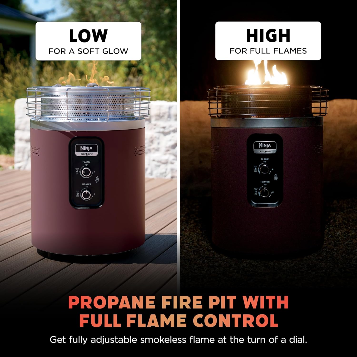 Ninja |Fireside360™ | Outdoor Heater & Fire Pit | 3 Modes: Flame, Heat, Flame & Heat | Portable for Patio, Deck, Camping, Beach | Easy Control Flames & Heat | Push to Start Ignition | Maroon | OF101RD
