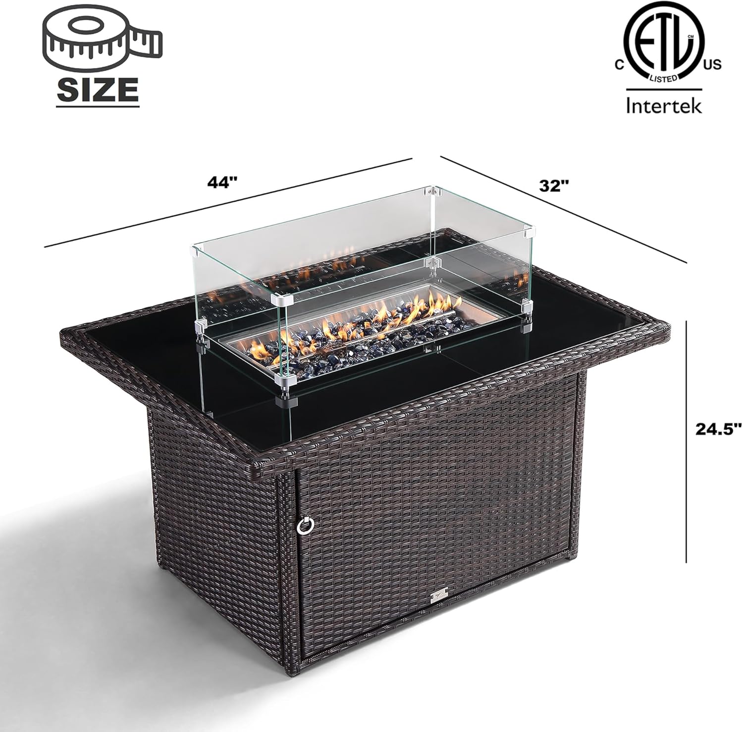 44 in. x 32 in. Rectangular Outdoor Brown Wicker Aluminum Propane Fire Pit Table in Tempered Glass w/Fire Glass, Add Warmth and Ambience to Gatherings and Parties On Patio Deck Garden
