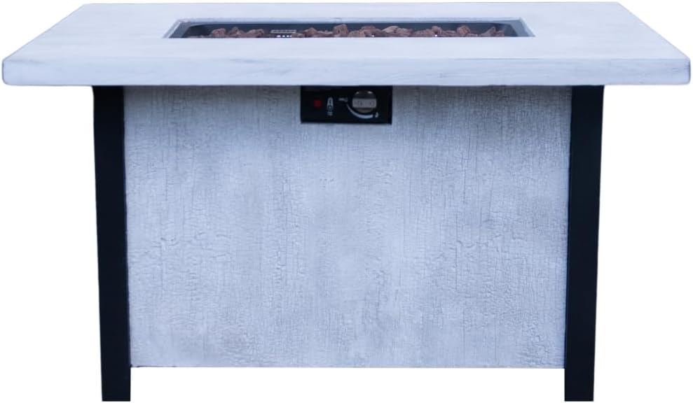 44-inch Rectangle Propane Fire Pit Table, 50,000 BTU Outdoor Patio Heater with Charcoal Grain Texture & Cover, Black & White CSA Certified Gas Fire Pit for Garden