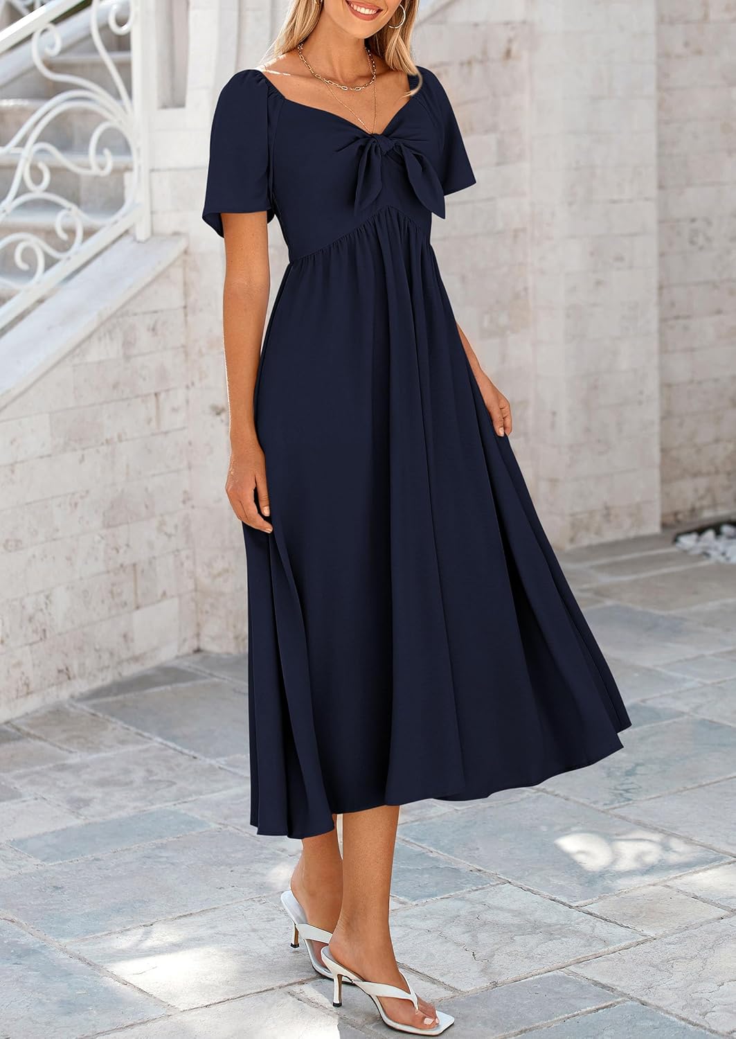 PRETTYGARDEN Summer Dress for Women 2026 Casual Short Sleeve Bow Tie V Neck Ruffle Midi Flowy Dresses