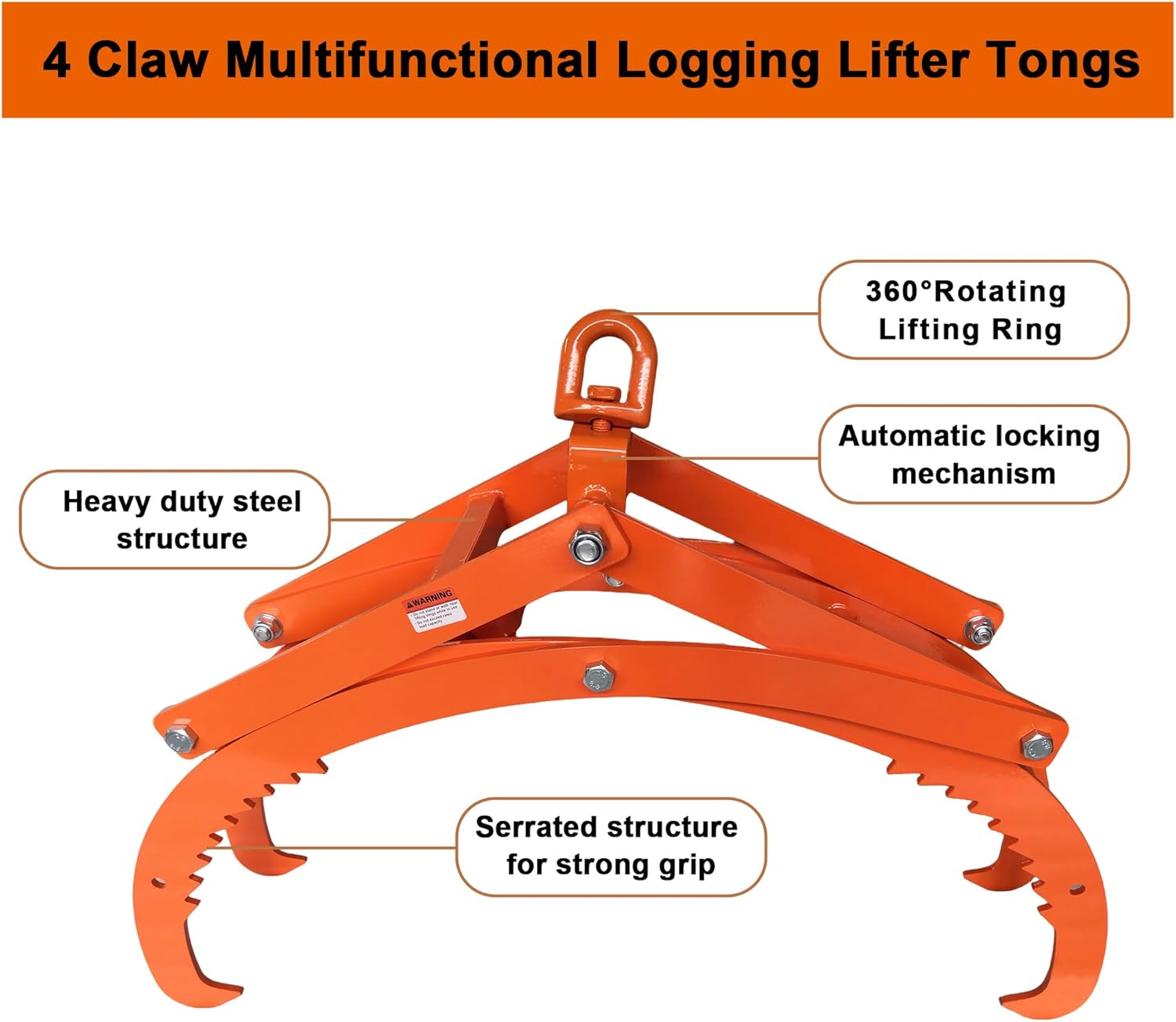 18 inch Automatic Log Lifting Tongs, Upgraded Auto-Grip/Release Heavy-Duty 4 Claw Log & Rock Tongs, Timber Claw Hooks Tools for Dragging & Lifting Logs Used as Tractor, ATVs and Trucks Accessories