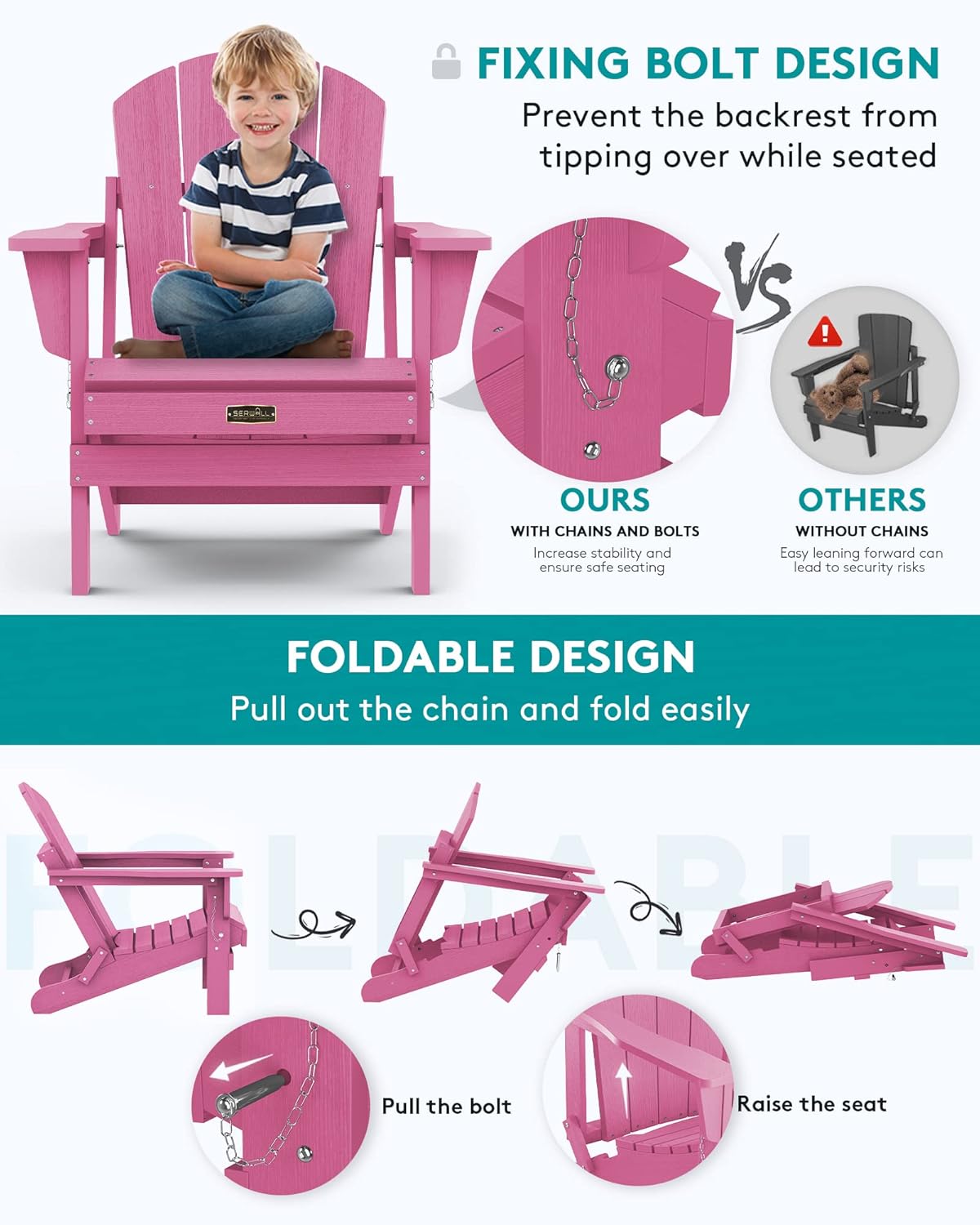 SERWALL Adirondack Chair for Patio Garden Outdoors Fire Pit- Hot Pink