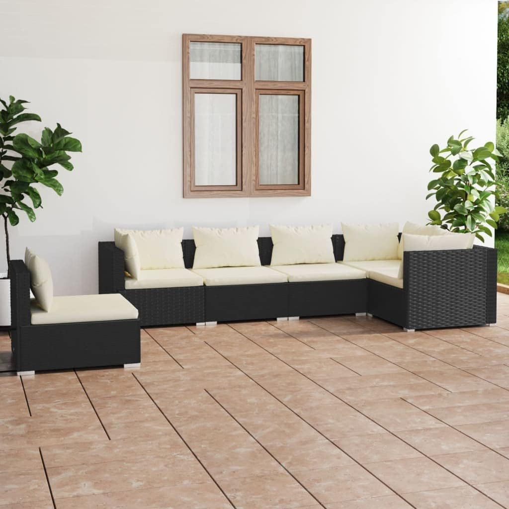 6 Piece Patio Lounge Set with Cushions Poly Rattan Black,UltraComfortable Outdoor Patio Lounge Set with Modular Design and WaterResistant PE Rattan Patio Furniture, Outdoor Furniture Sets