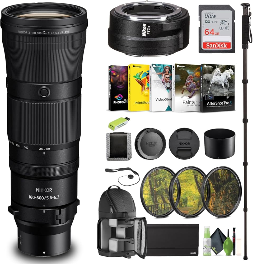 Nikon NIKKOR Z 180-600mm f/5.6-6.3 VR Lens (Nikon Z) (20117) + FTZ II Adapter + 64GB Memory Card + Backpack + Monopod + Card Reader + Corel Photo Software + Filter Kit + Memory Wallet + More