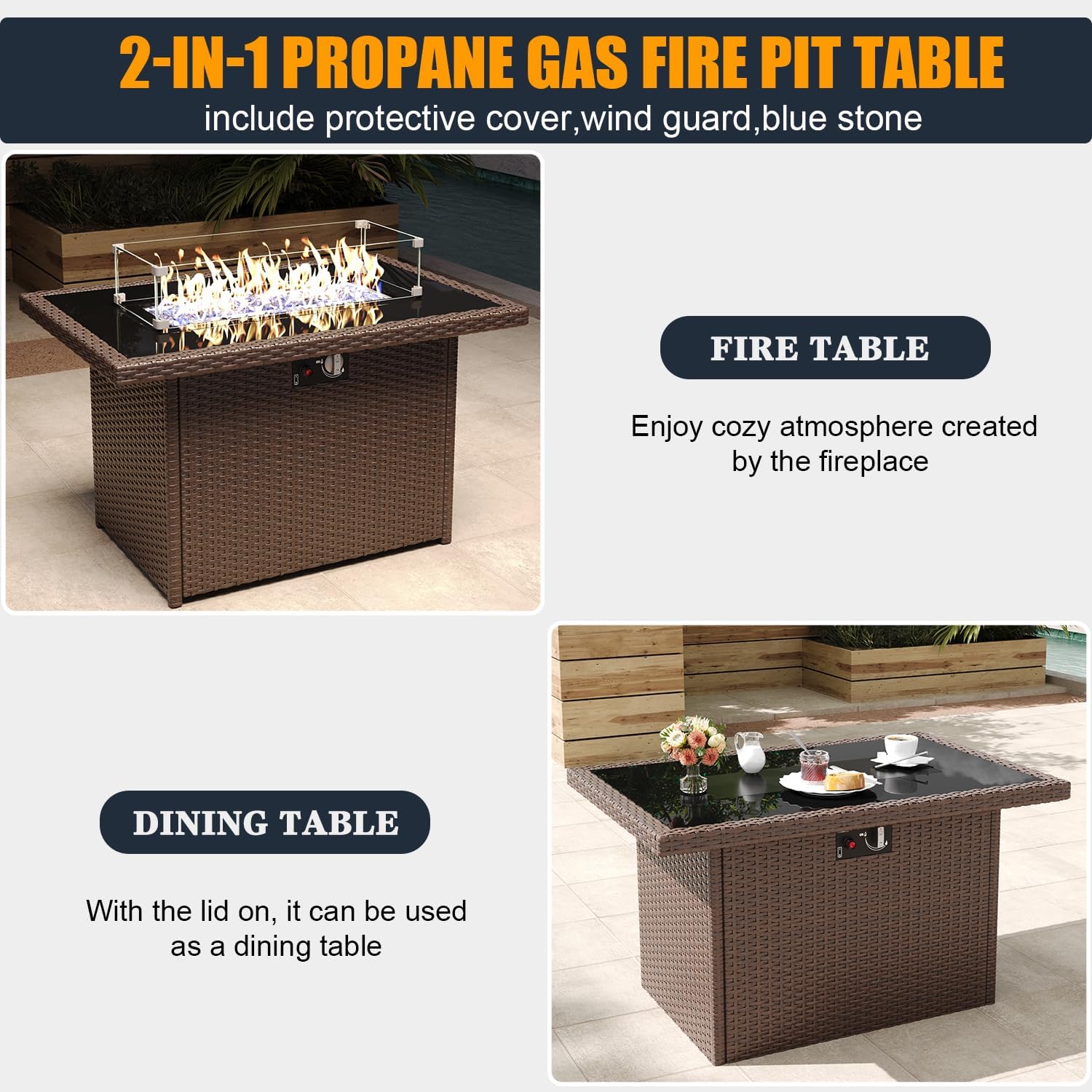 10 Pieces Outdoor Patio Furniture Set with Fire Pit Table, Wicker Patio Sectional Set Conversation Wicker Swivel Chairs with Small Side Table