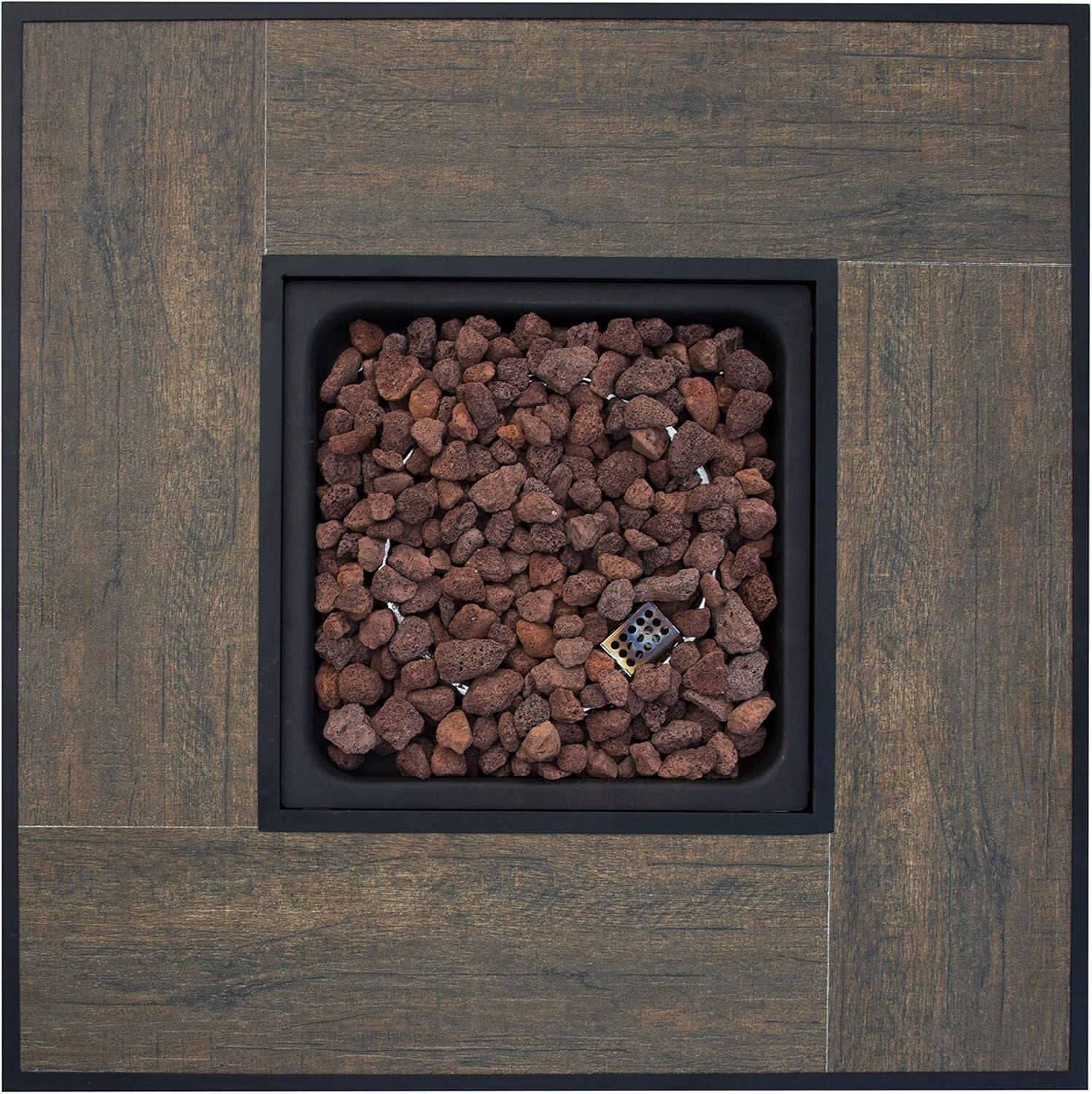 Outdoor Furniture 5-Piece Fire Pit Set, All-Weather Resin Wicker Sofa with Metal Frame, 30-inch Square Top Fire Pit Has Wood-Look Table Surround and 50,000 BTU Stainless Steel Burner