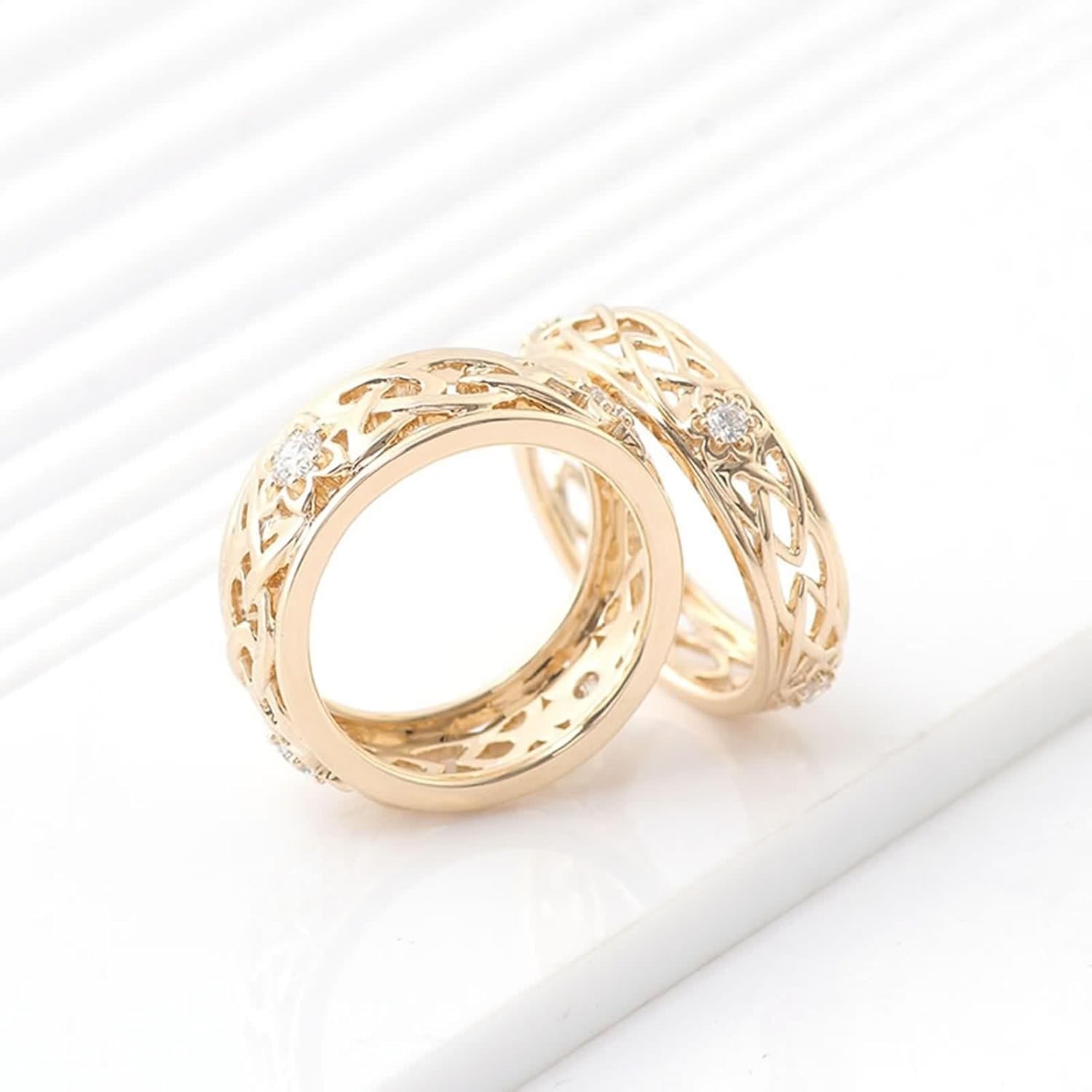 9K Yellow Gold Ring, Womens Engagement Ring Moissanite Vintage Hollow Couple Matching Gold Band for Valentine's Day