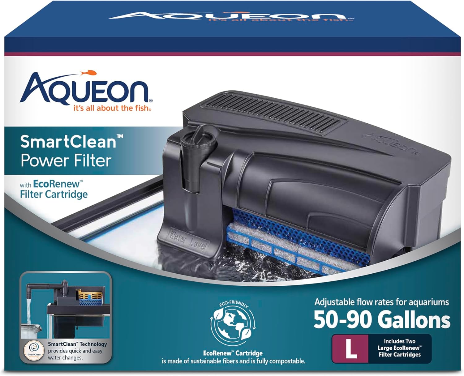 Aqueon SmartClean Power Filter with EcoRenew Filter Cartridge, Quick and Easy Water Changes, Quiet Operation, Adjustable Flow, for 50-90 Gallon Freshwater and Saltwater Aquariums, Large