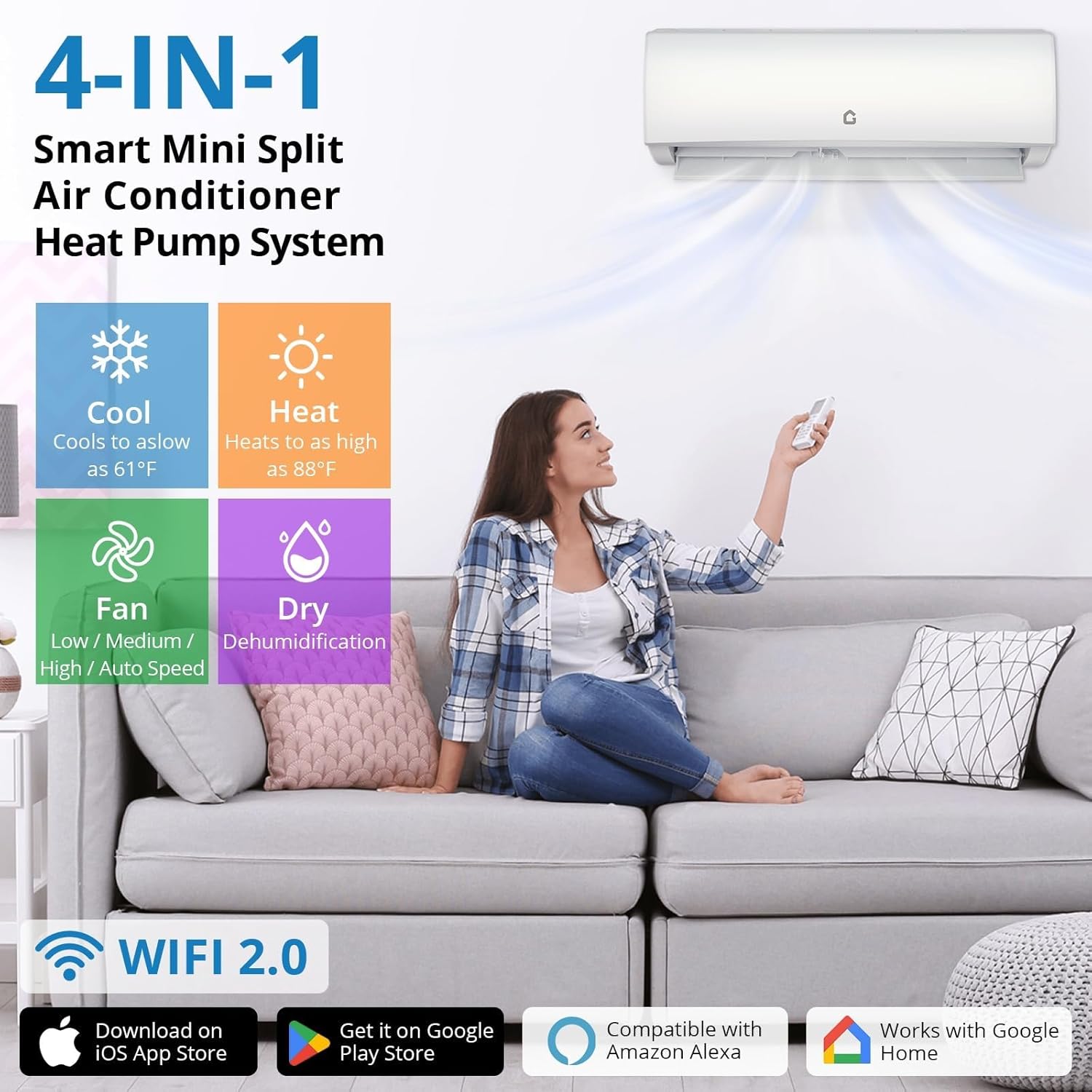 23000 BTU Mini Split AC & Heat Pump, 230v Energy Efficient Wall-Mounted Ductless Air Conditioner with WiFi Control, r32 Eco-Friendly Refrigerant, Cools/Heats Up to 1500 Sq.Ft, Quiet Operation