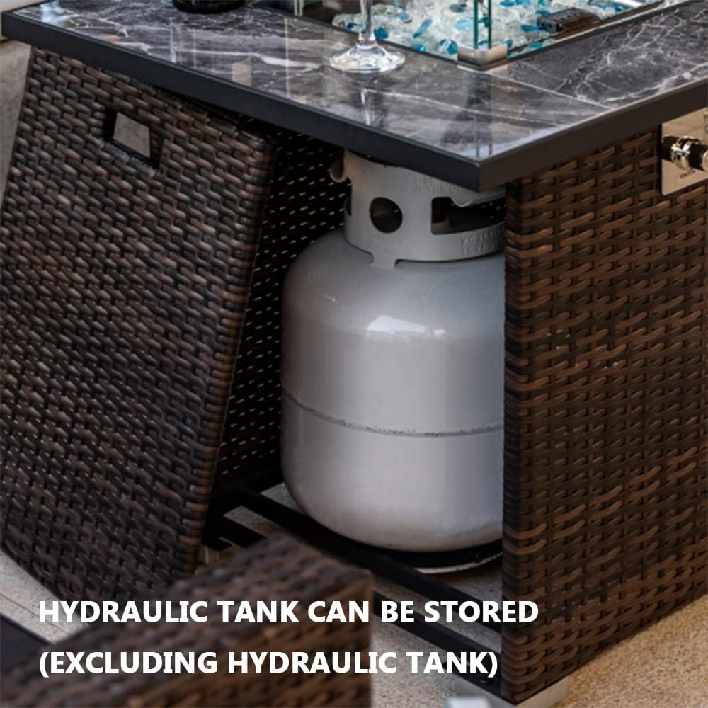 Outdoor Fire Table with Glass Cover, Faux Ledge, Marble Top, 50,000 BTU Gas Fire Table, Windshield, Outdoor Waterproof Cover, Patio,A