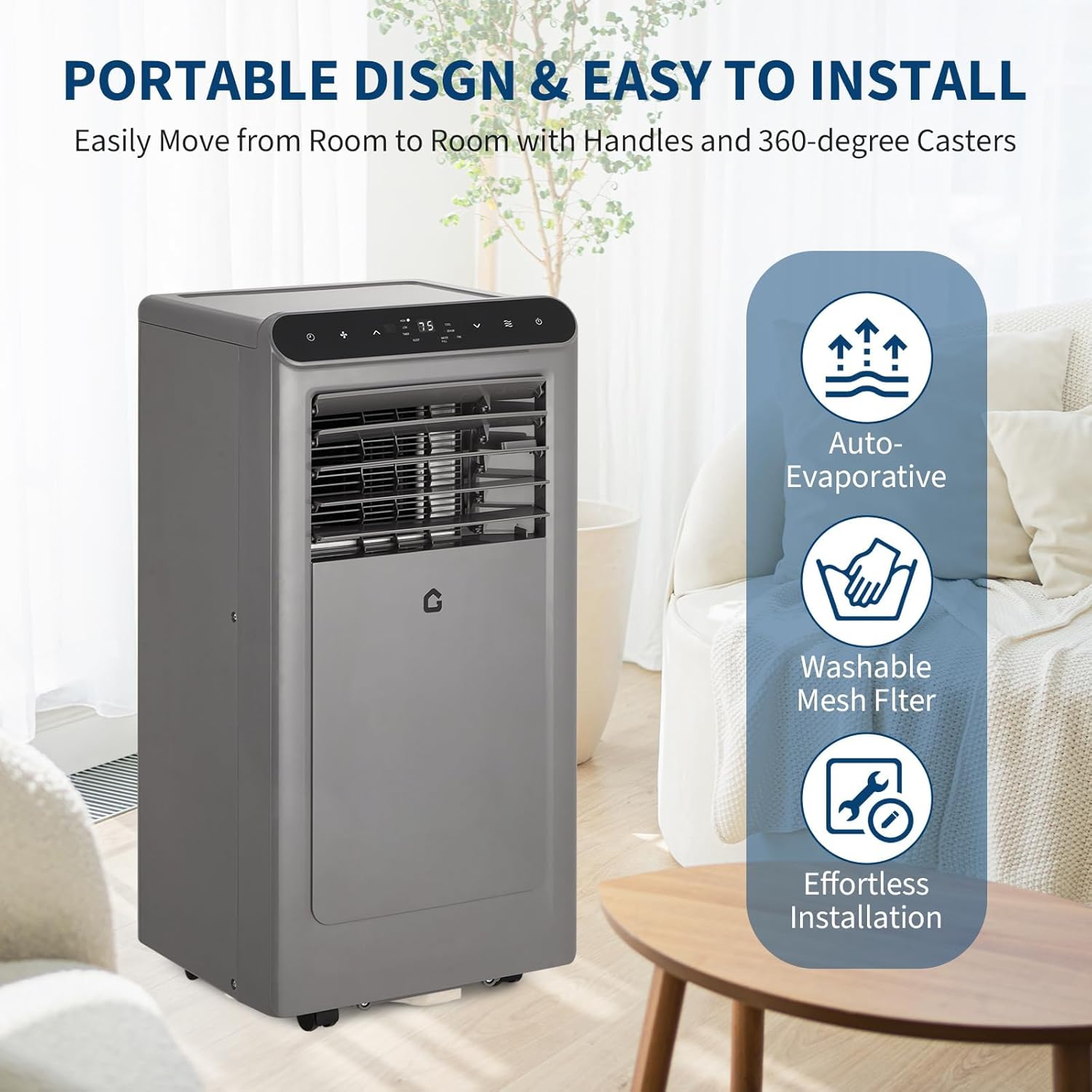 8000 BTUs Portable Air Conditioner with Efficient Cooling, Quiet Portable Cooling AC Up to 350 Sq Ft Dehumidifier Fan Sleep Modes, 3-in-1 AC Unit Remote Control & 24H Timer (8000Btu Style A)
