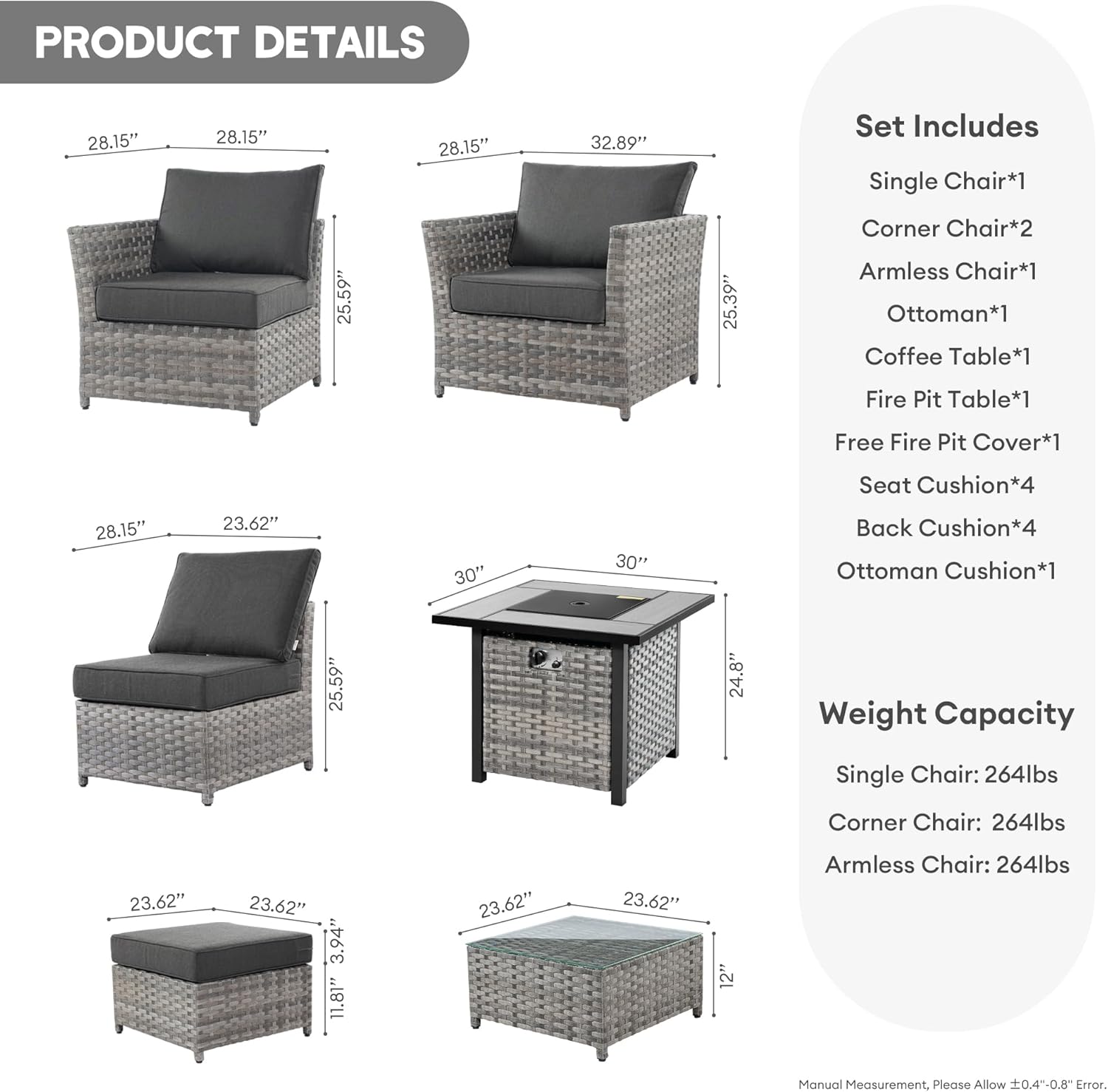 7 Pieces Outdoor Patio Furniture Set, Wicker Conversation Sectional Set with 30 Inch Gas Propane Fire Pit Table and Thickened Cushions (Black)