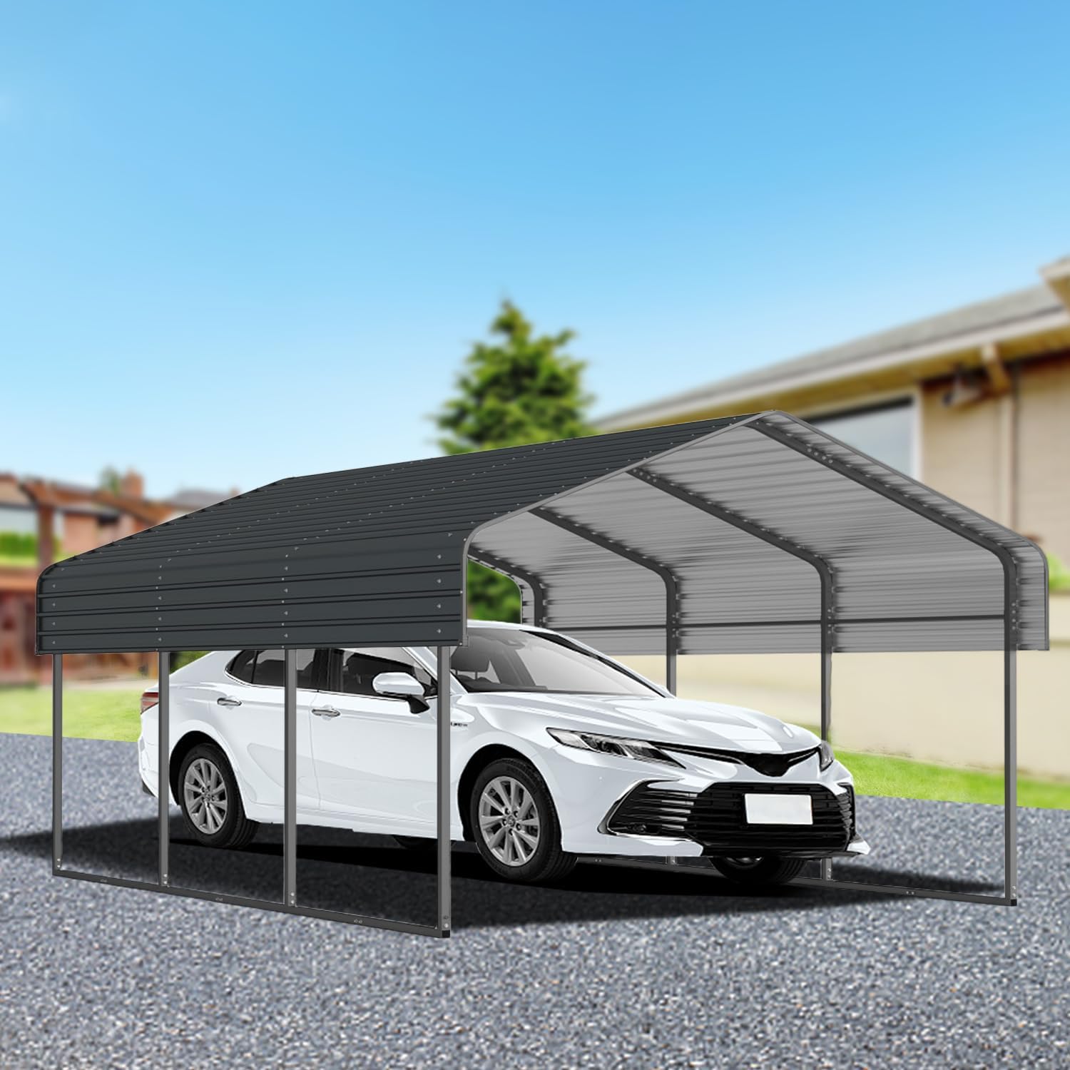 Heavy Duty 10x15 FT Metal Carport Canopy with Galvanized Steel Roof & Reinforced Frame Car Ports - Large Outdoor Carports Car Shelter Car Port for Trucks, Boats, Vehicles, Equipment Storage,Black