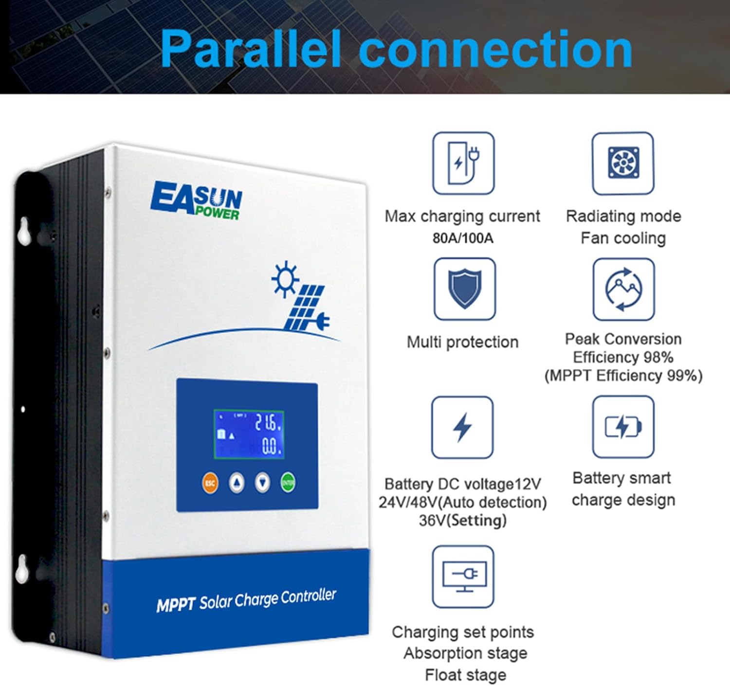 POWLAND 100A MPPT Solar Charge Controller,12V/24V/36V/48V Auto,Max Input 150V LCD Display Regulator Intelligent Regulator Charge Controller
