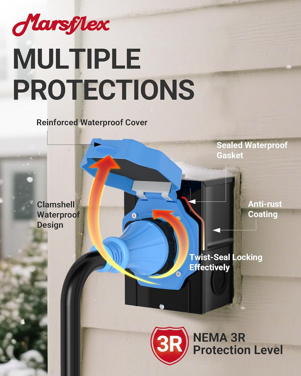 Marsflex 15FT 50 Amp Generator Cord and Power Inlet Box Kit, Pre-Drilled Inlet Box with NEMA 14-50P / SS2-50R Generator Cord, for 125/250 Volt 12500 Watts, Weatherproof Outdoor to House, ETL Listed