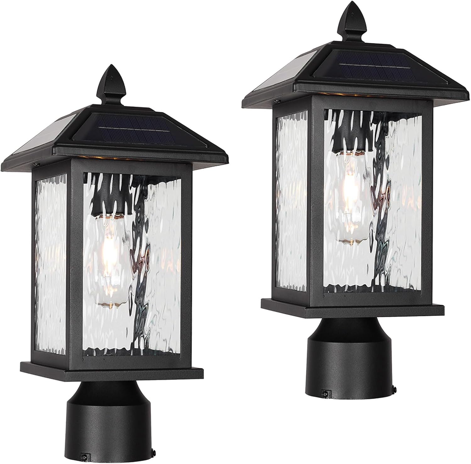2 Pack Solar Outdoor Post Lights Fixture，Dusk to Dawn Modern Exterior Pillar Lantern with Black Finish & Water Ripple Glass，Waterproof Outside Pole Lights for Garden, Backyard, Courtyard