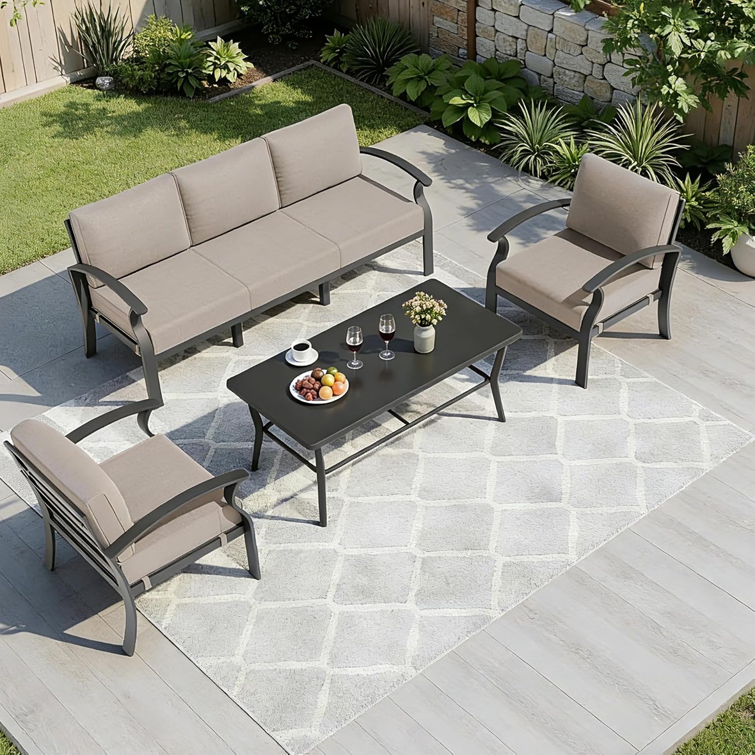 Aluminum Patio Furniture Set with Rectangular Coffee Table, 5 Seats Outdoor Patio Conversation Sets w/5.1