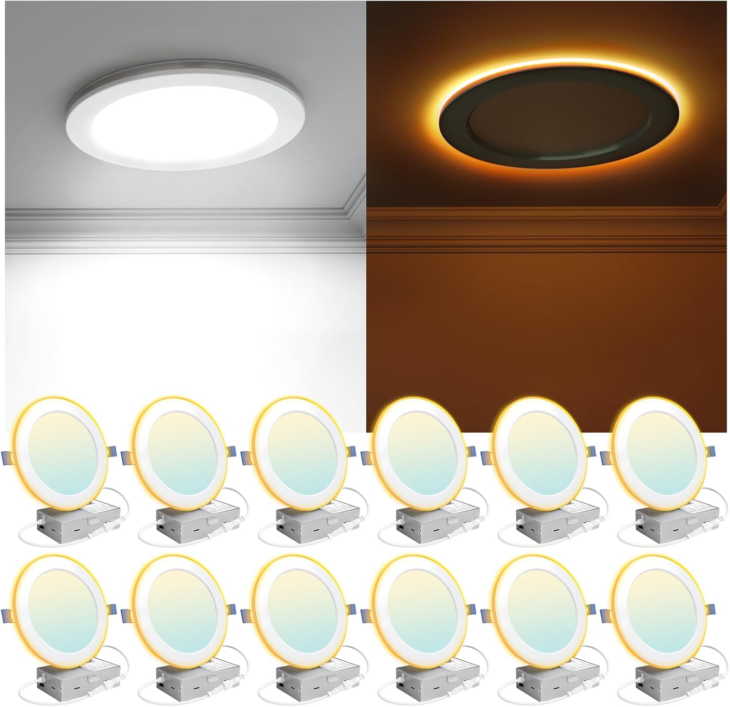 12 Pack 6 Inch LED Recessed Light with Night Light, 2700K/3000K/3500K/4000K/5000K 5CCT Ceiling Light, 1050LM 12W 120V, Dimmable Canless Wafer Downlight ETL&FCC, Energy Saving Star