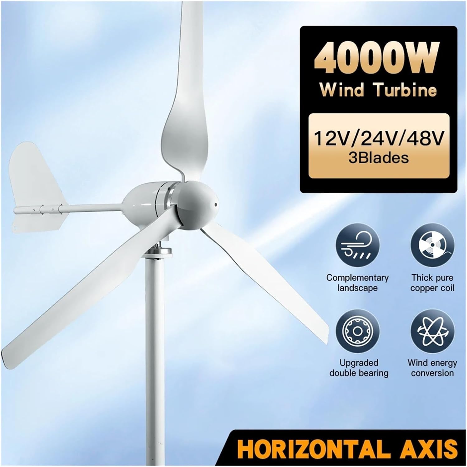 Wind Turbine Generator Kit, 4000W Wind Turbine with Free Charging Controller Yacht Farm Family Farm for Hybrid Solar Wind System(24V)