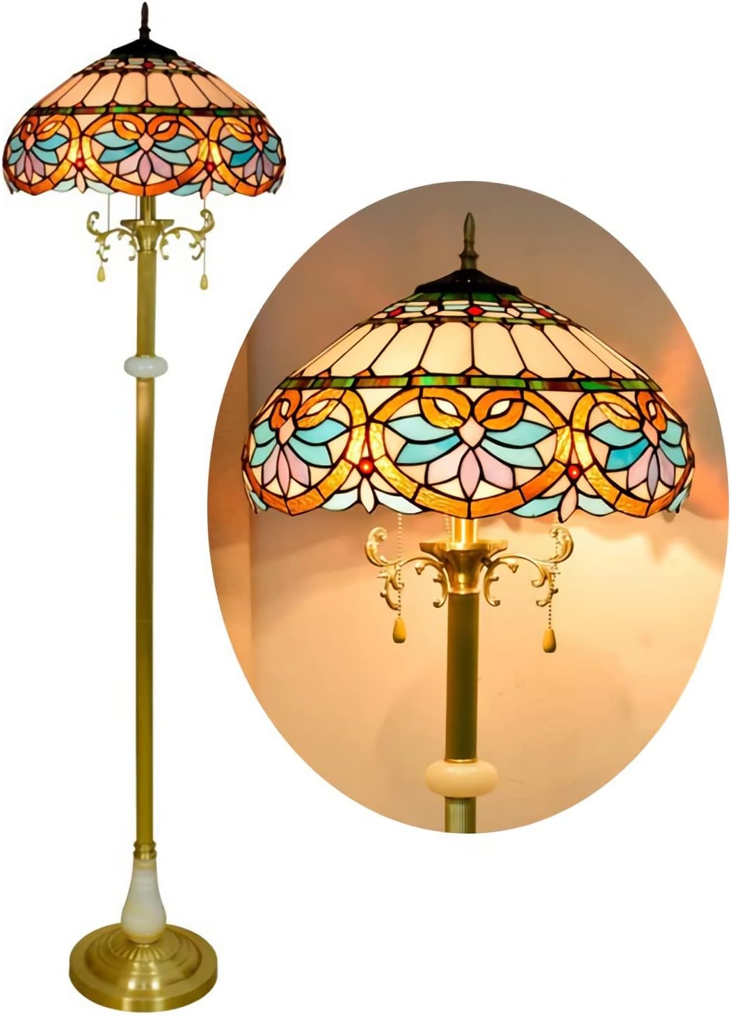 16 Inch Tiffany-Style Floor Lamp, Baroque-Style Stained Glass Readlight, Vintage All Copper Base Standlamp for Bedroom Office