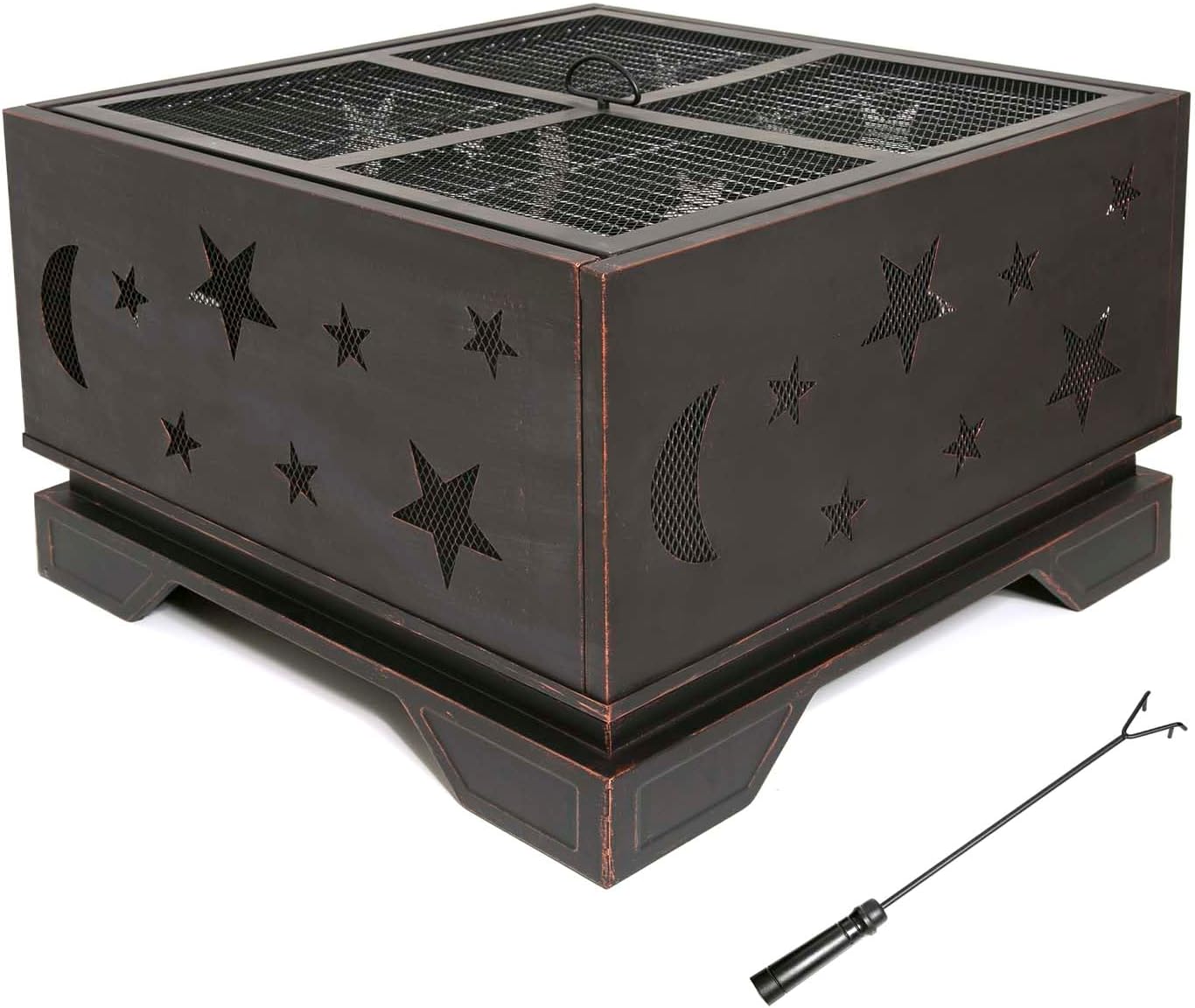26 Inch Outdoor Fire Pit with BBQ Grill, Portable Square Fire Pit, Wood Burning Fire Pit with Poker, Large Burning Space Fireplace for Patio Garden Camping Backyard Picnic Bonfire