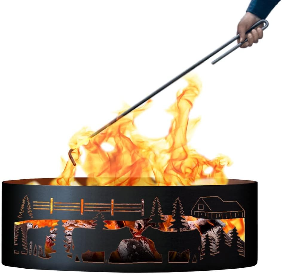 PD Metals COF00530-FP Cows on The Farm Unpainted 12 in. Tall 30 in. Diameter Outdoor Fire Ring with Fire Poker - 30 x 30 x 12 in. - Rustic Black Color