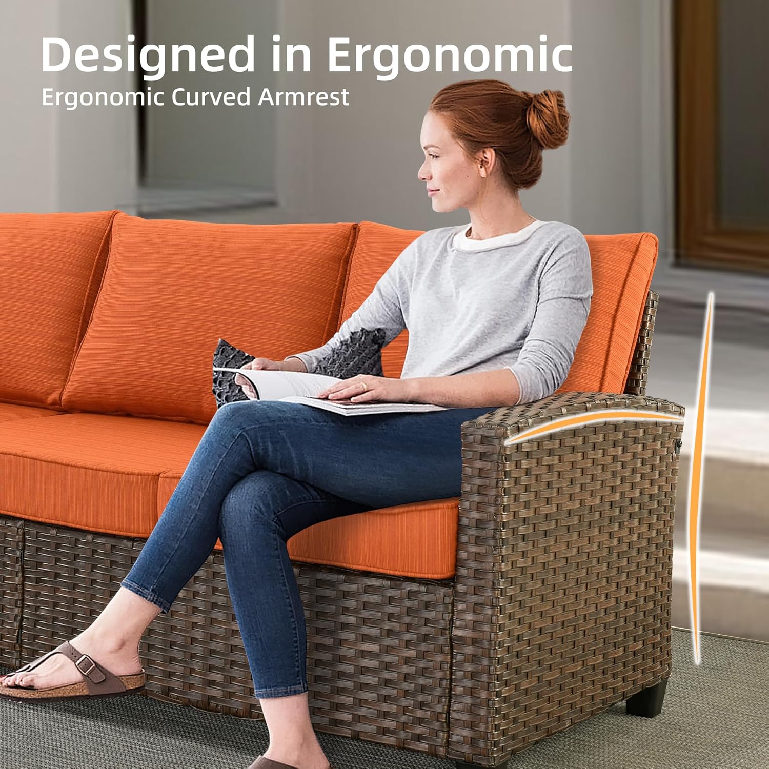 Wicker Patio Furniture Sets w/Fire Pit Table, All Weather Outdoor Furniture Conversation Set, 7-Piece Patio Sectional Sofa for Backyard Garden Lawn, Red