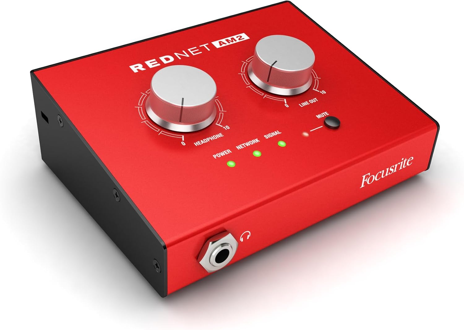 Focusrite RedNet AM2 Stereo Dante headphone amp and line out interface with PoE (Power over Ethernet)