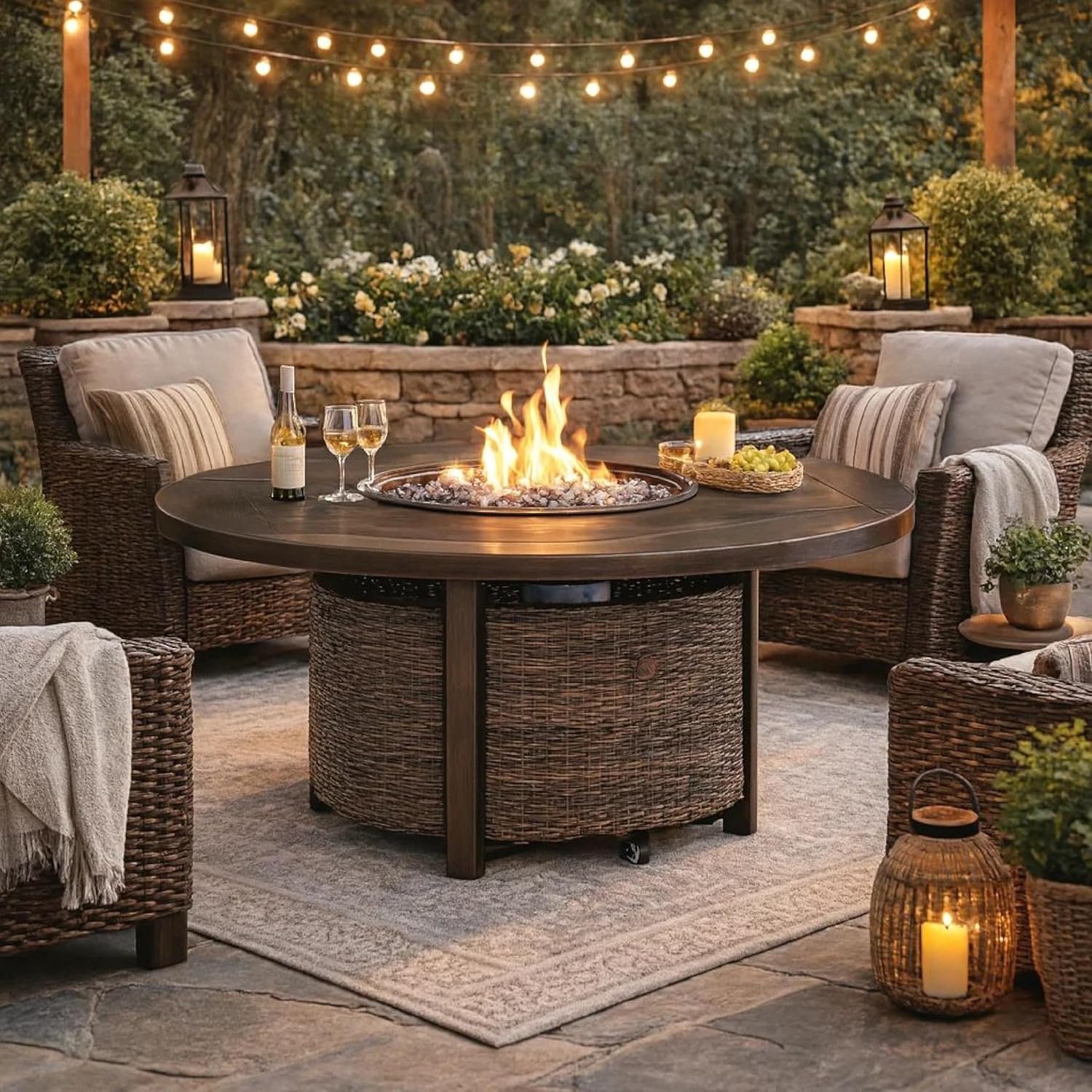 Benjara BM210647 48 Inches Round Fire Pit Table with Handwoven Resin Wicker, Brown