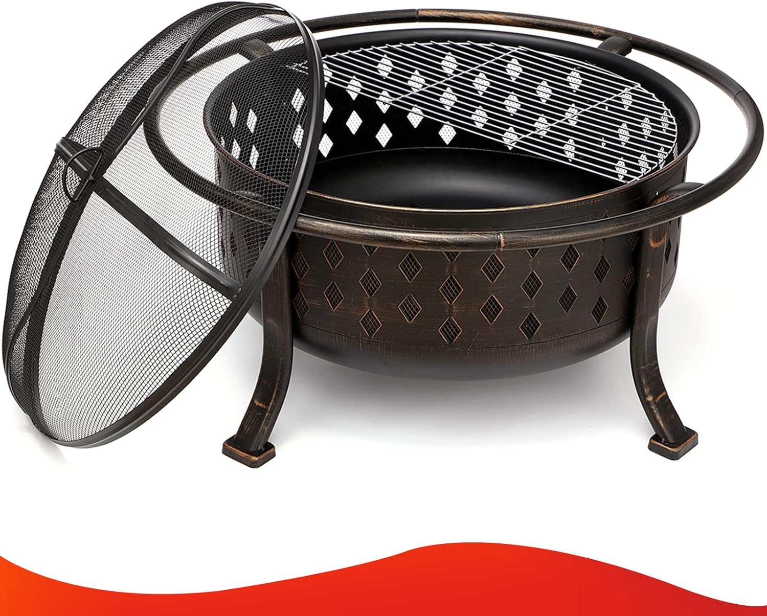 SINGLYFIRE 36 Inch Fire Pits for Outside Large Outdoor Wood Burning Crossweave firepit Heavy Duty Steel Bronze Bonfire Pit for Patio Backyard Garden with BBQ Grate,Spark Screen,Log Grate,Poker