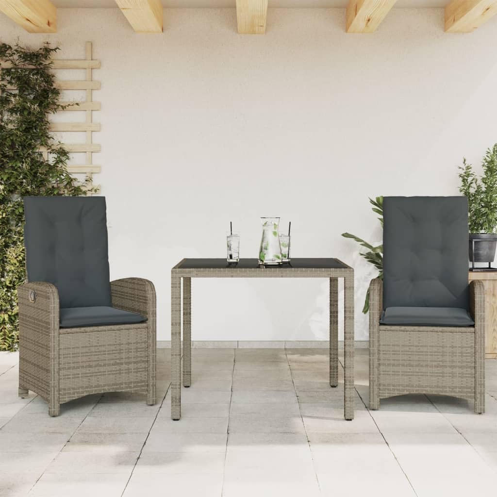3 Piece Patio Dining Set with Cushions Gray Poly Rattan,Versatile Outdoor Dining Set with Adjustable Backrest, Comfortable Cushions, and Tempered Glass Tabletop Furniture Sets for Patio, Lawn & Garden