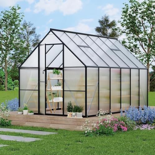 CABIHOME 8x12FT Heavy-Duty Greenhouse Kit, Aluminum Frame & Polycarbonate Panels with Roof Vent, Quick Setup Structure, Large Enhanced Outdoor Garden House, Black