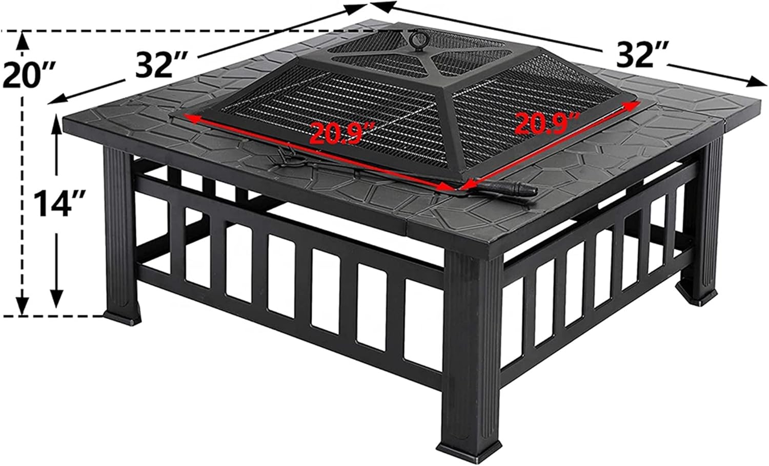 Outdoor Fire Pit Table, 3 in 1 Square Firepit for Barbecue, Patio Heater, Ice Pit, Metal Brazier Bonfire Firepit, w/Spark Cover Screen & Poker & BBQ Grill Grate, black
