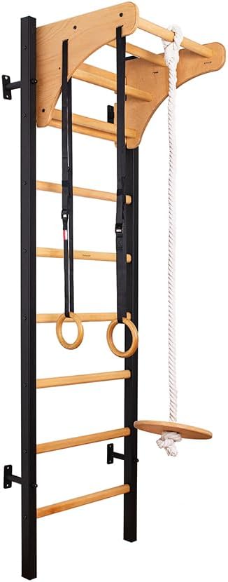 211B+A076 Wallbars, Stall Bars, Swedish Ladder, Gymnastic Ladder with 8 Beech Oval Rungs, Adjustable Beech Wooden Pull Up Bar and Gymnastic Accessories Such as Wooden Rings