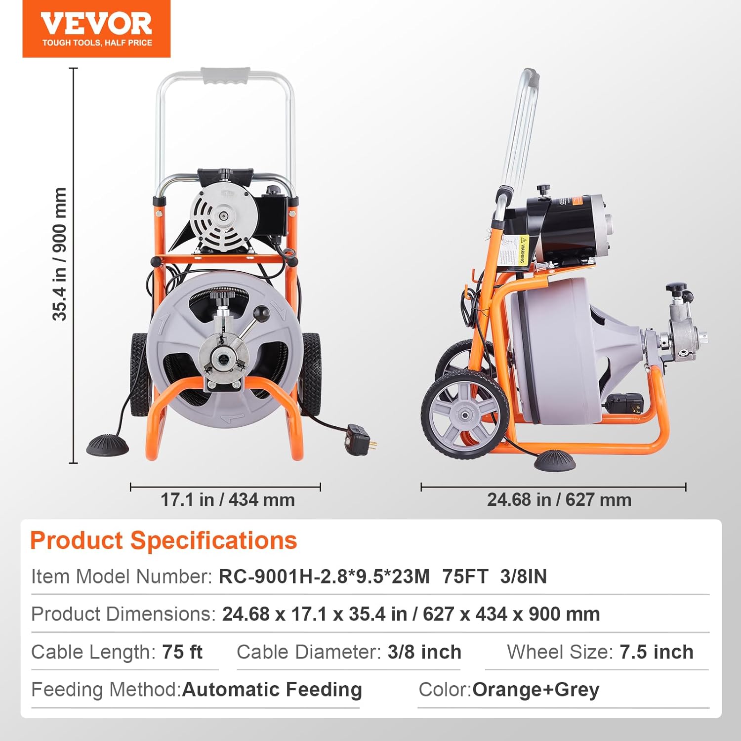 VEVOR Drain Cleaner Machine 75FT x 3/8 Inch, Auto Feed Sewer Snake Drain Auger on Wheels, Portable Drain Cleaning Machine with 8 Cutters & Air-activated Foot Switch for 2