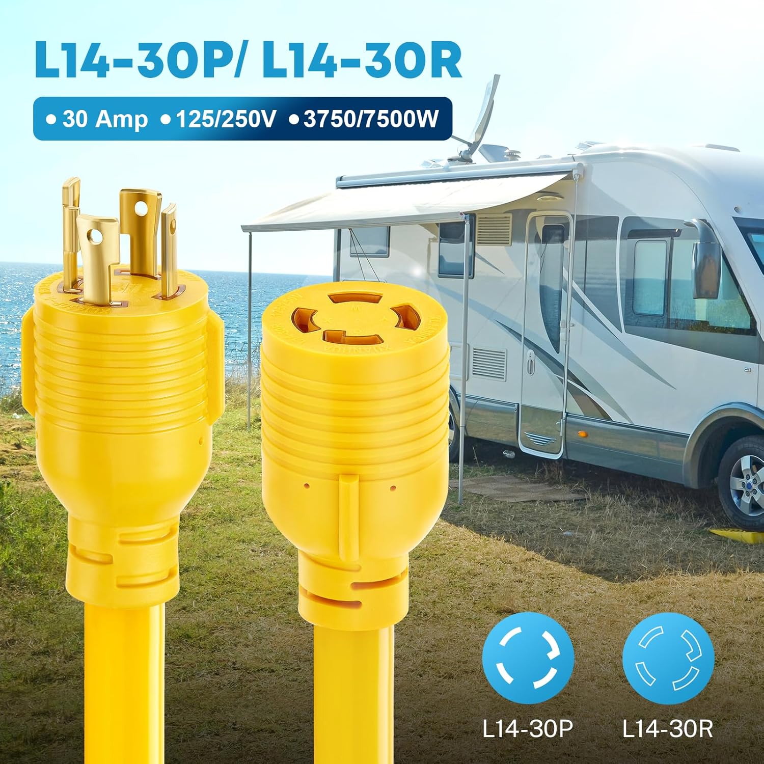 30 Amp Generator Extension Cord 40 FT + 30 Amp Generator Power Inlet Box