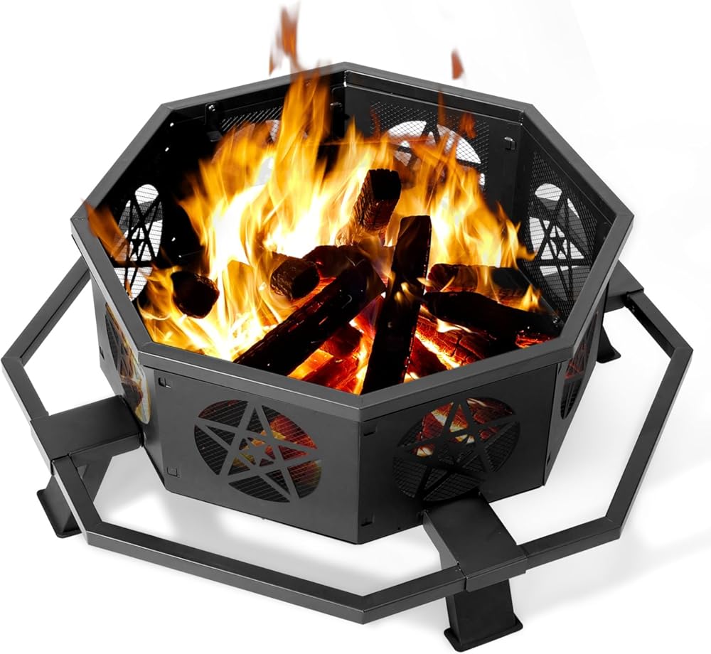 43 inch Fire Pit, Outdoor Octagonal Firepit, Heavy Duty Wood Burning Fire Pits with Star Ventilation Mesh, Outdoor Heating and Grilling, for Bonfire, Backyard, Camping, Patio, Picnic (Black, 43in)