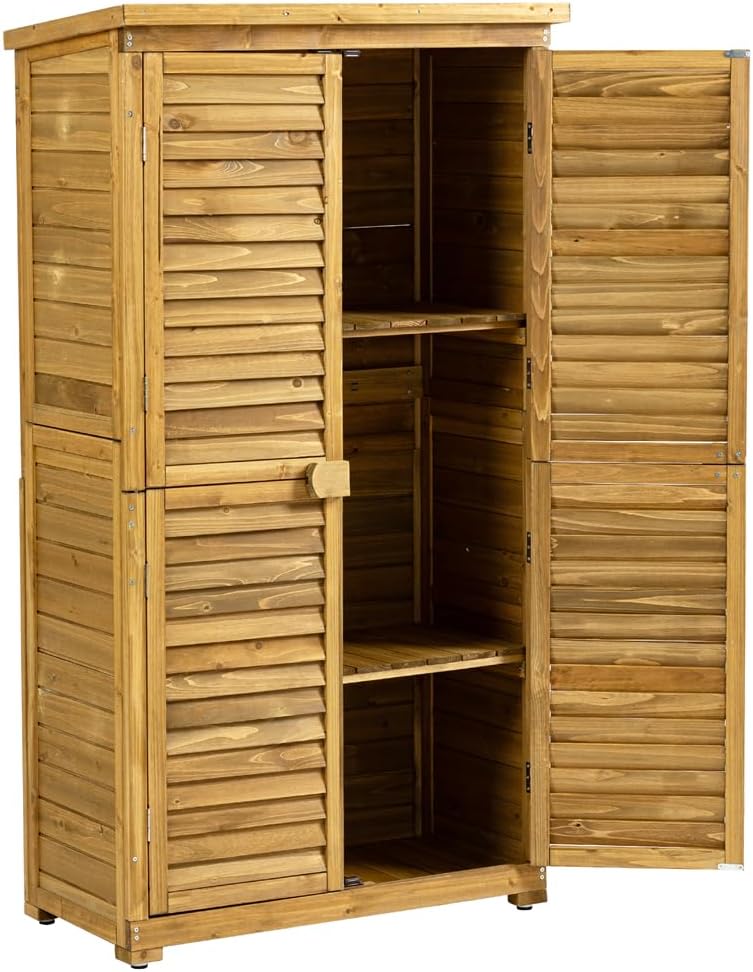 ASSYA Outdoor Storage Cabinet, Wooden Garden Shed, Pool Tool House with Lockable Door, Waterproof Roof and 2 Removable Shelves, Vertical Outdoor Storage Shed for Patio, Backyard and Lawn