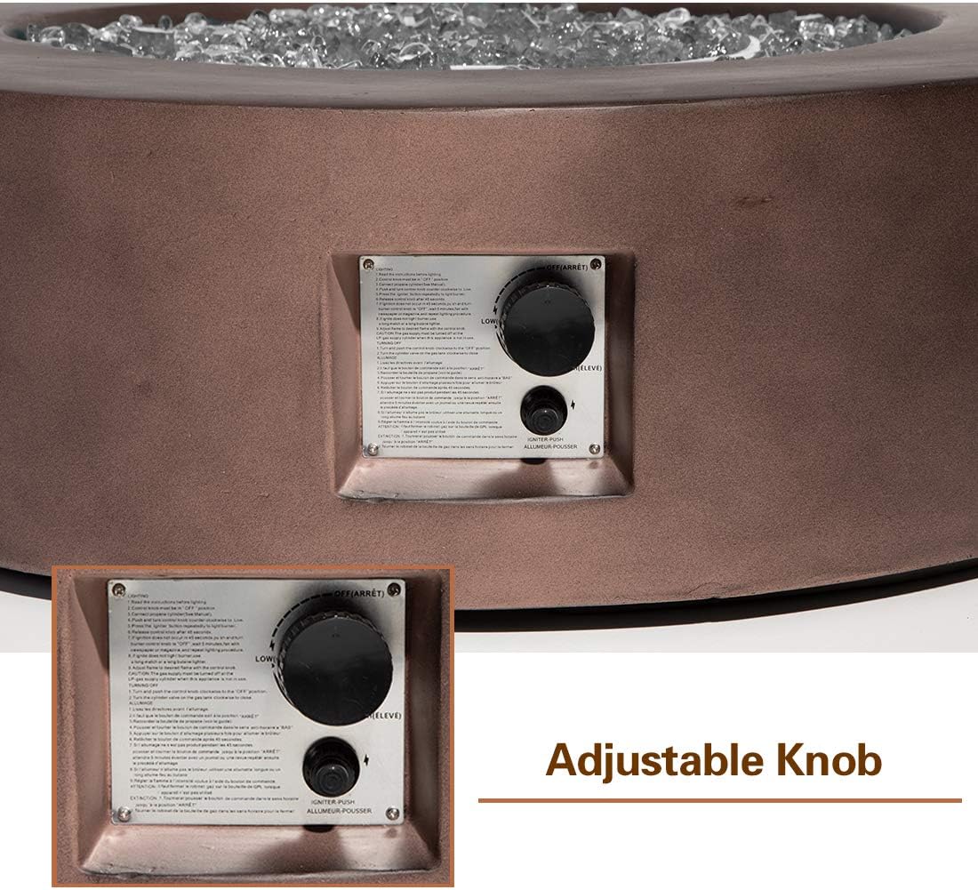 AQUILLA Outdoor Propane Fire Pit Coffe Table w Brown 42 inch Round Base Patio Heater, 50000 BTU Stainless Steel Burner w Glass Rocks, Waterproof Cover