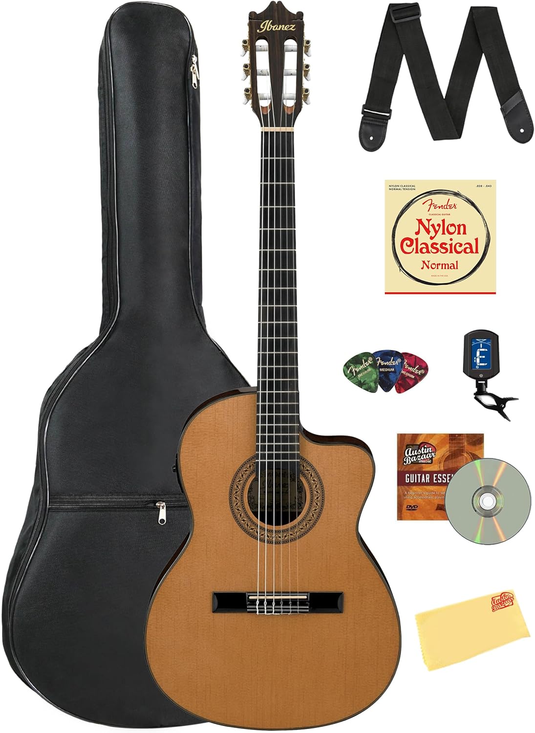 Ibanez GA5TCE Classical Acoustic-Electric Guitar - Amber High Gloss Bundle with Gig Bag, Tuner, Strap, Strings, Picks, Austin Bazaar Instructional DVD, and Polishing Cloth