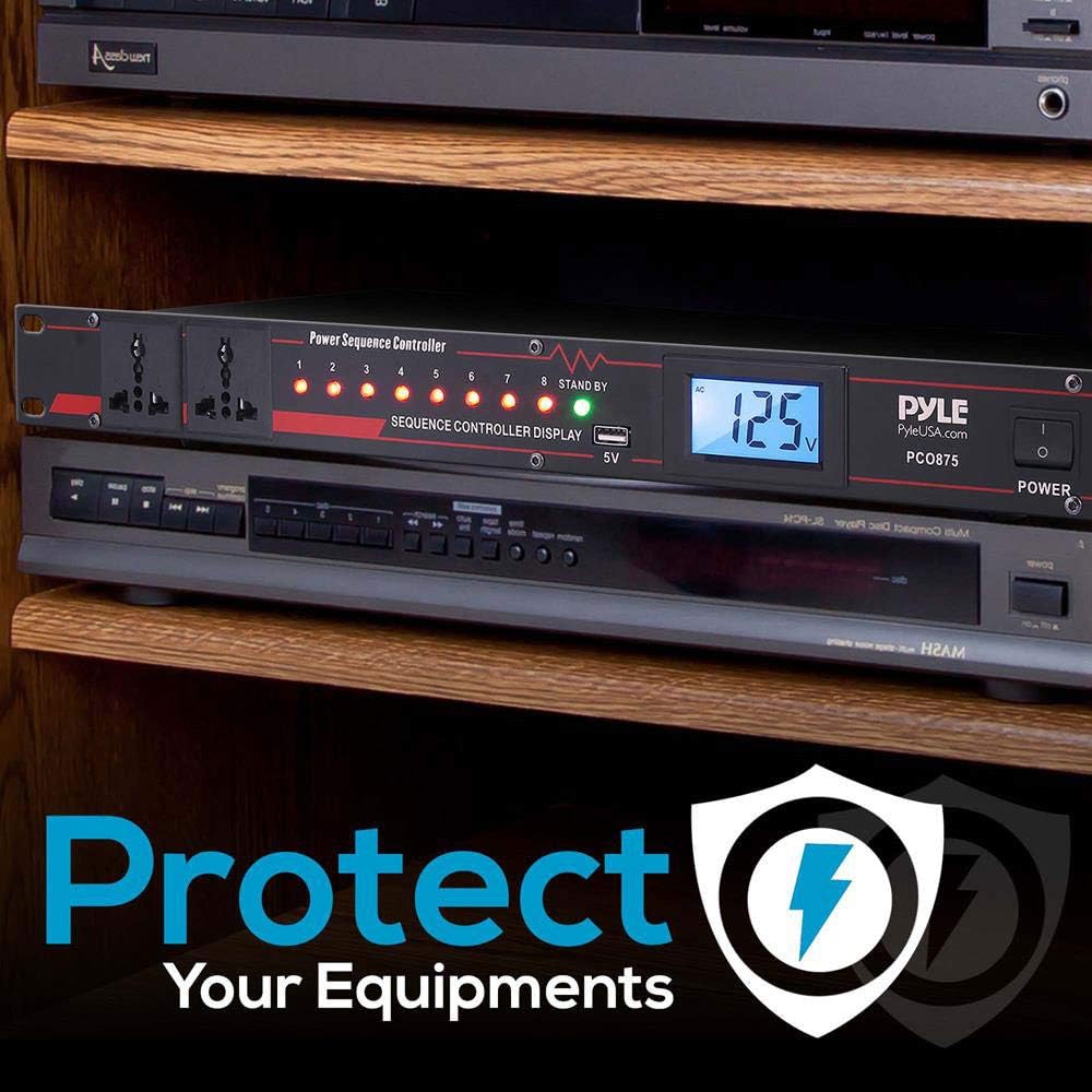 Pyle 10 Outlet Power Sequencer Conditioner - 13 Amp 2000W Rack Mount Pro Audio Digital Power Supply Controller Regulator w/Voltage Readout, Surge Protector, for Home Theater Stage/Studio Use - PCO875