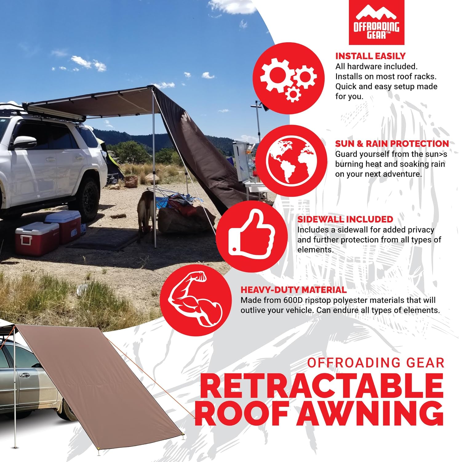 Offroading Gear 4x4 Accessories| Roof Rack Awning (Retractable) W/Free Side Extension | 6.5' x 6.5'| for SUV| RV| Jeep| Truck| Van| Car| Etc.