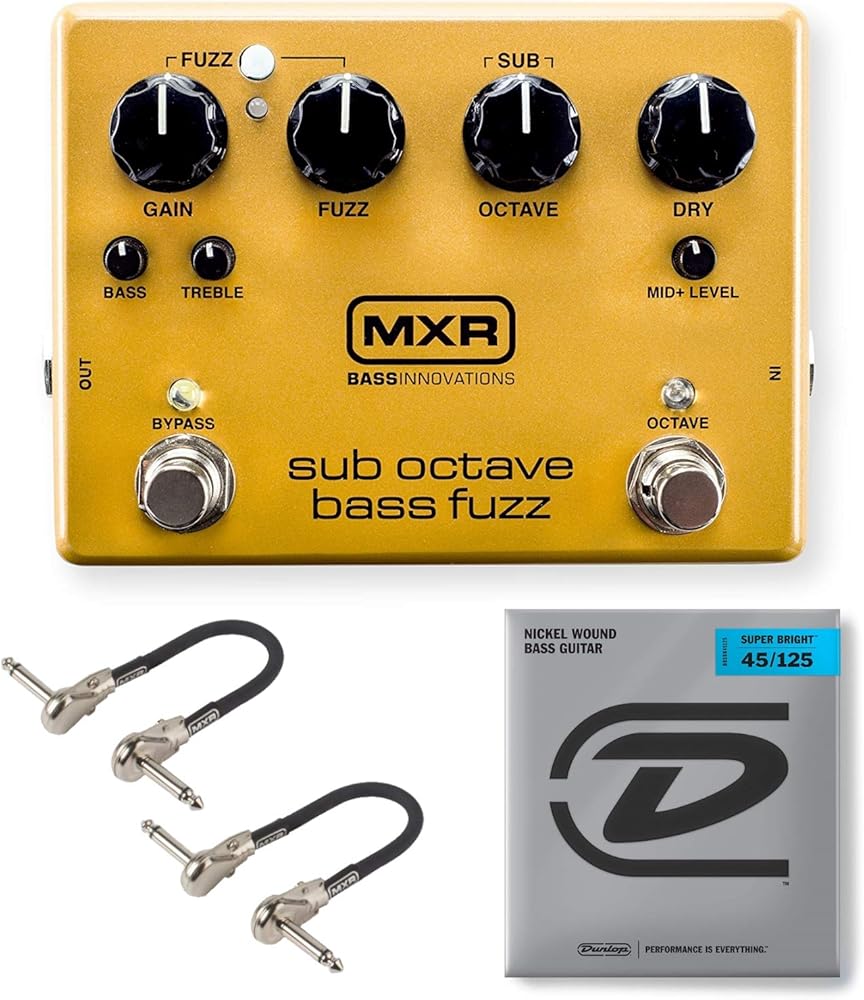 MXR M287 Sub Octave Bass Fuzz Bundle with 2 MXR Patch Cables and Dunlop Super Bright Bass Strings, Nickel Wound (Medium .045–.125, 5 Strings/Set)