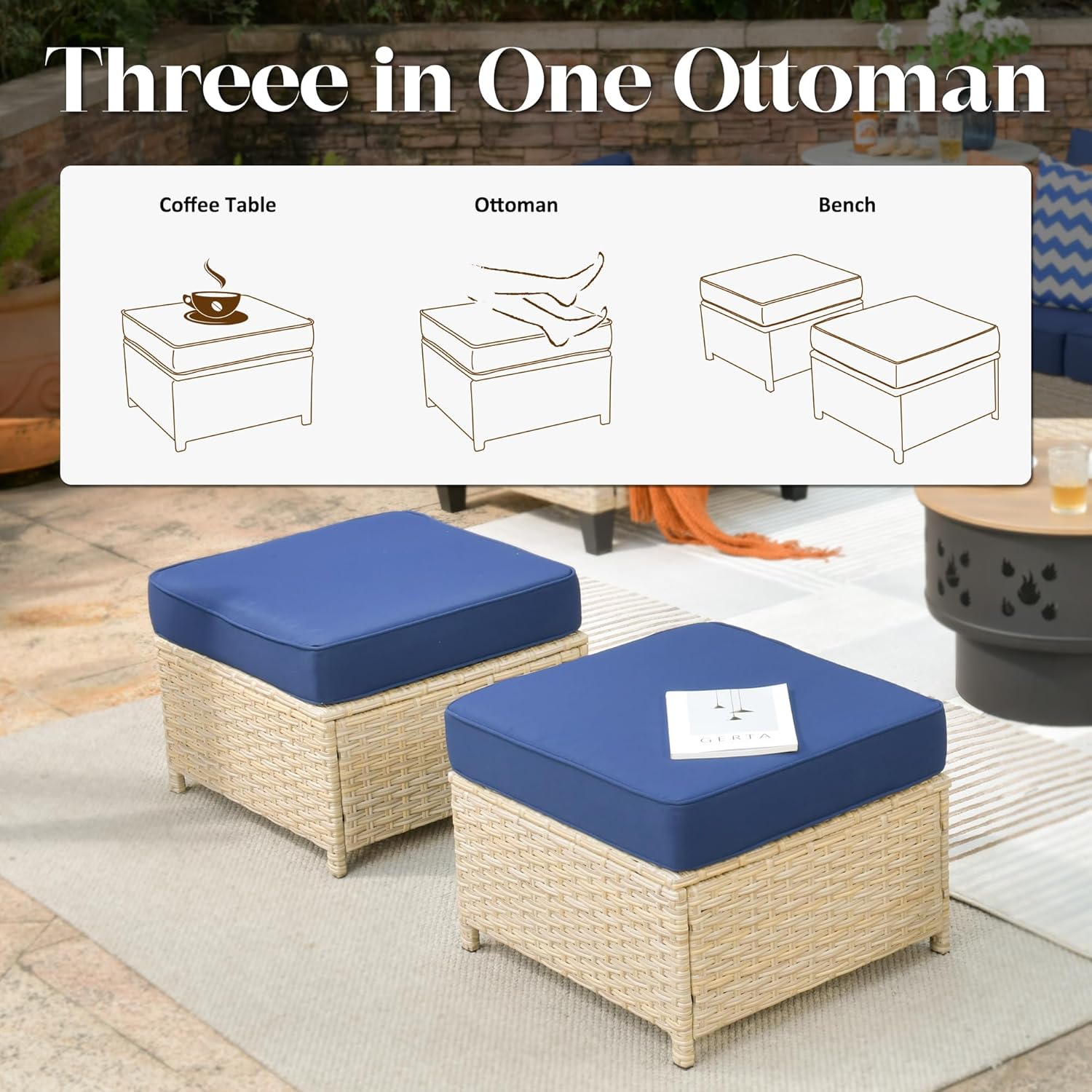 Patio Furniture Sectional Sofa 6-Piece Wood Fire Pit Outdoor Wicker Furniture Set Circular Steel Pit Table No-Slip Cushions Furniture(Blue)