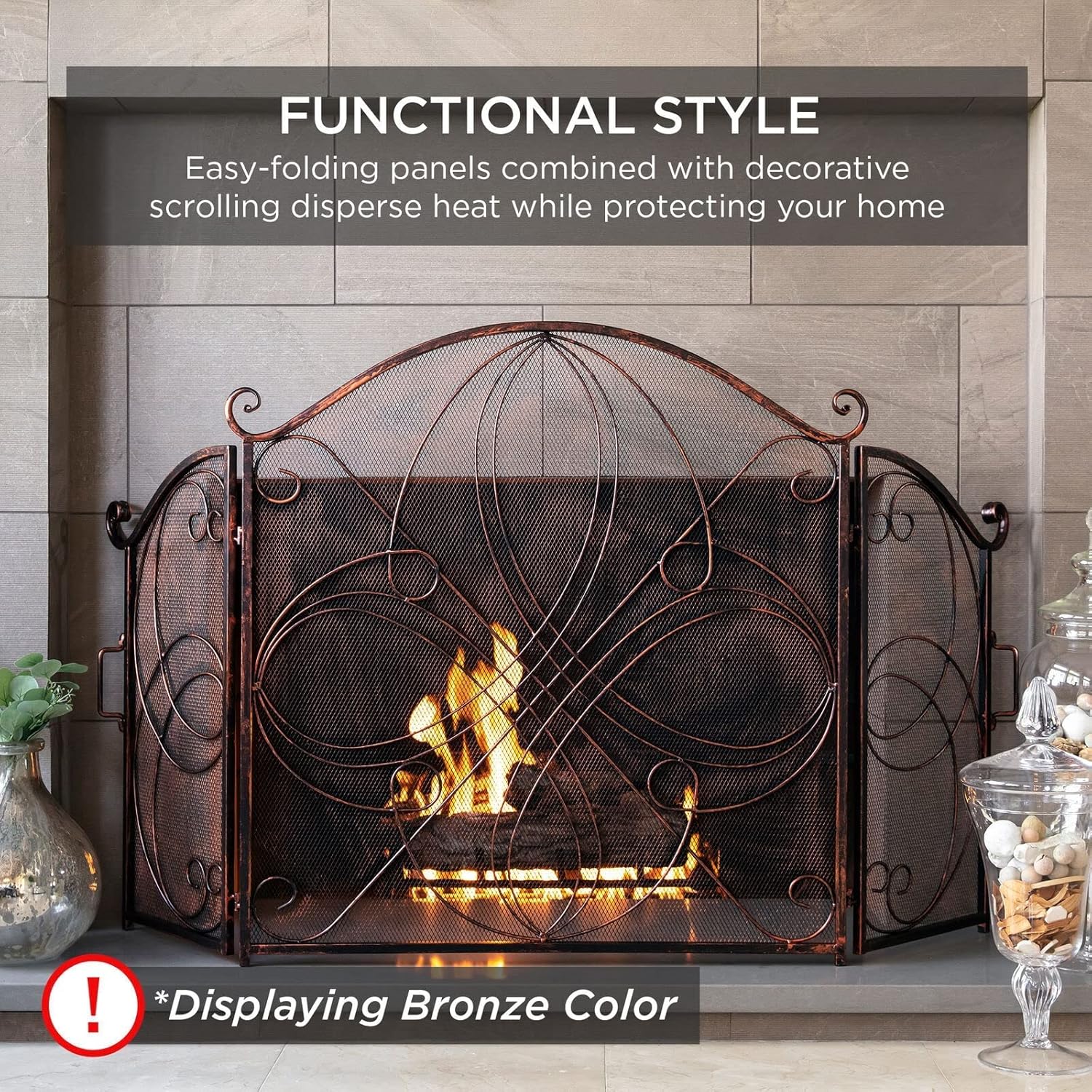 Fireplace Screen Cover - Decorative Iron Safety Screen for Heat & Spark Protection, Flat Art Design for Home Decor