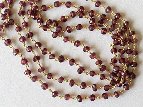 LKBEADS 5 Feet Garnet Faceted Rondelle Beads in 925 24Kt Gold Plating Wire Wrapped Rosary Style Chain