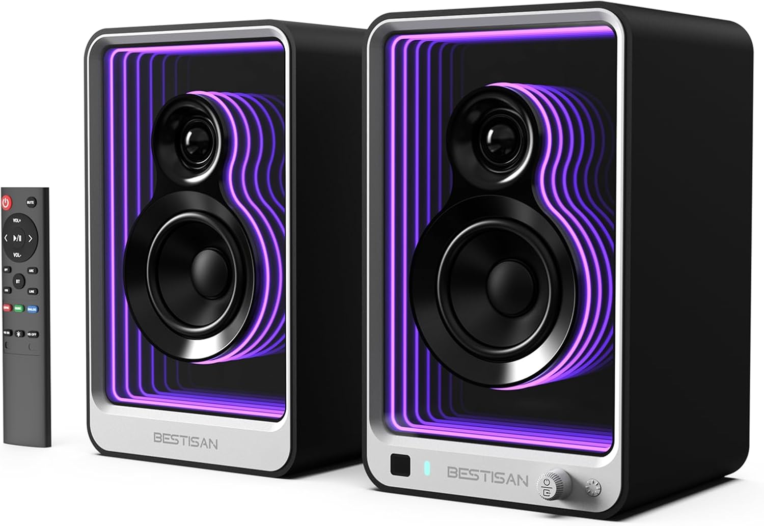 BESTISAN 50W*2 Active Bookshelf Speakers with Dynamic Light Effect, 3